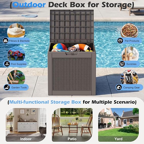 Outdoor Storage Box, 31 Gallon Resin Deck Boxes Outdoor Waterproof for Patio Furniture, Garden Tools, Pool Supplies, Lockable and UV Resistant (Rattan Grey)
