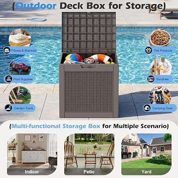 Outdoor Storage Box, 31 Gallon Resin Deck Boxes Outdoor Waterproof for Patio Furniture, Garden Tools, Pool Supplies, Lockable and UV Resistant (Rattan Grey)