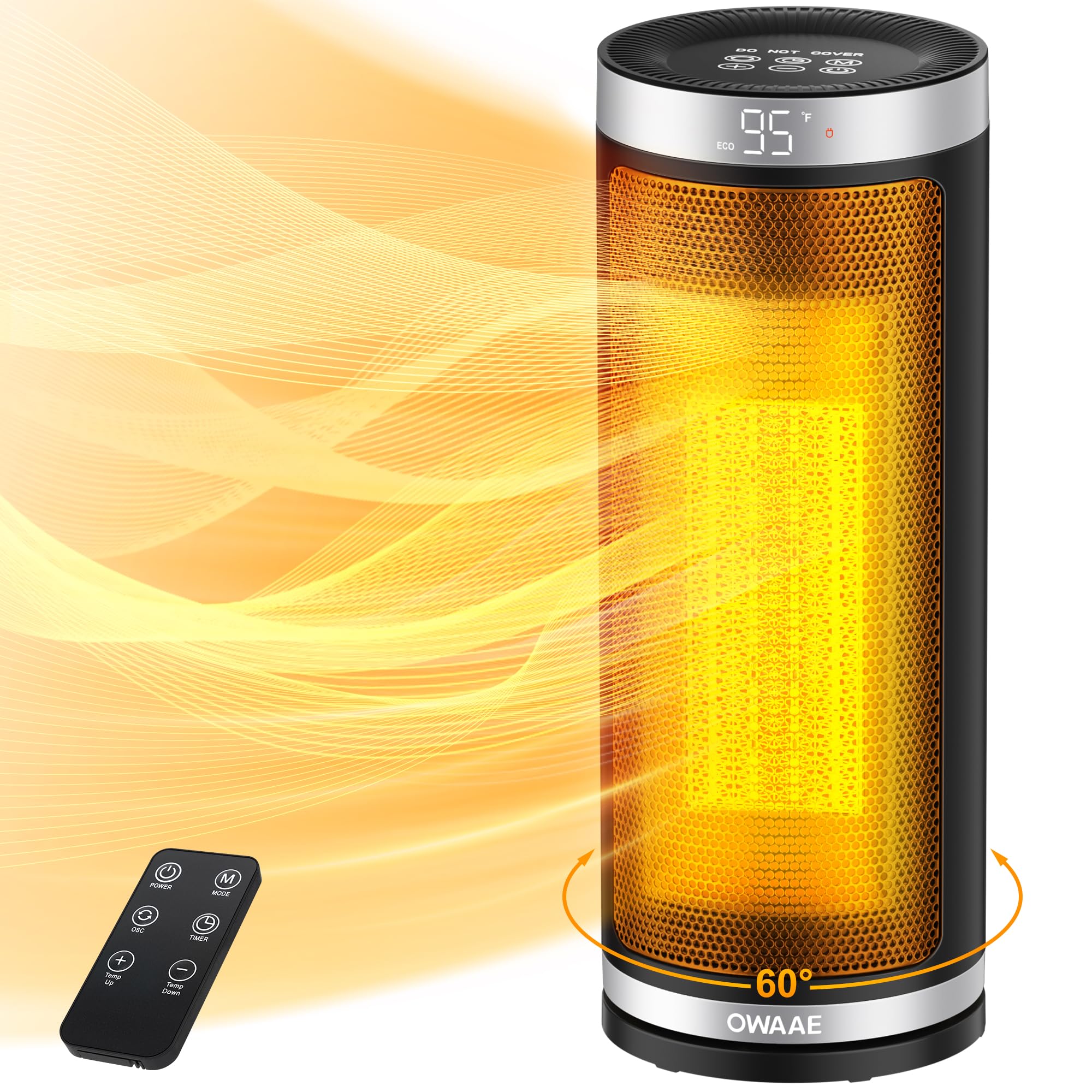 Electric Space Heater, 1500W Portable Indoor Heater With 60°Oscillating, 3 Heatings Levels& Tip-over Protection for Office Bedroom Home