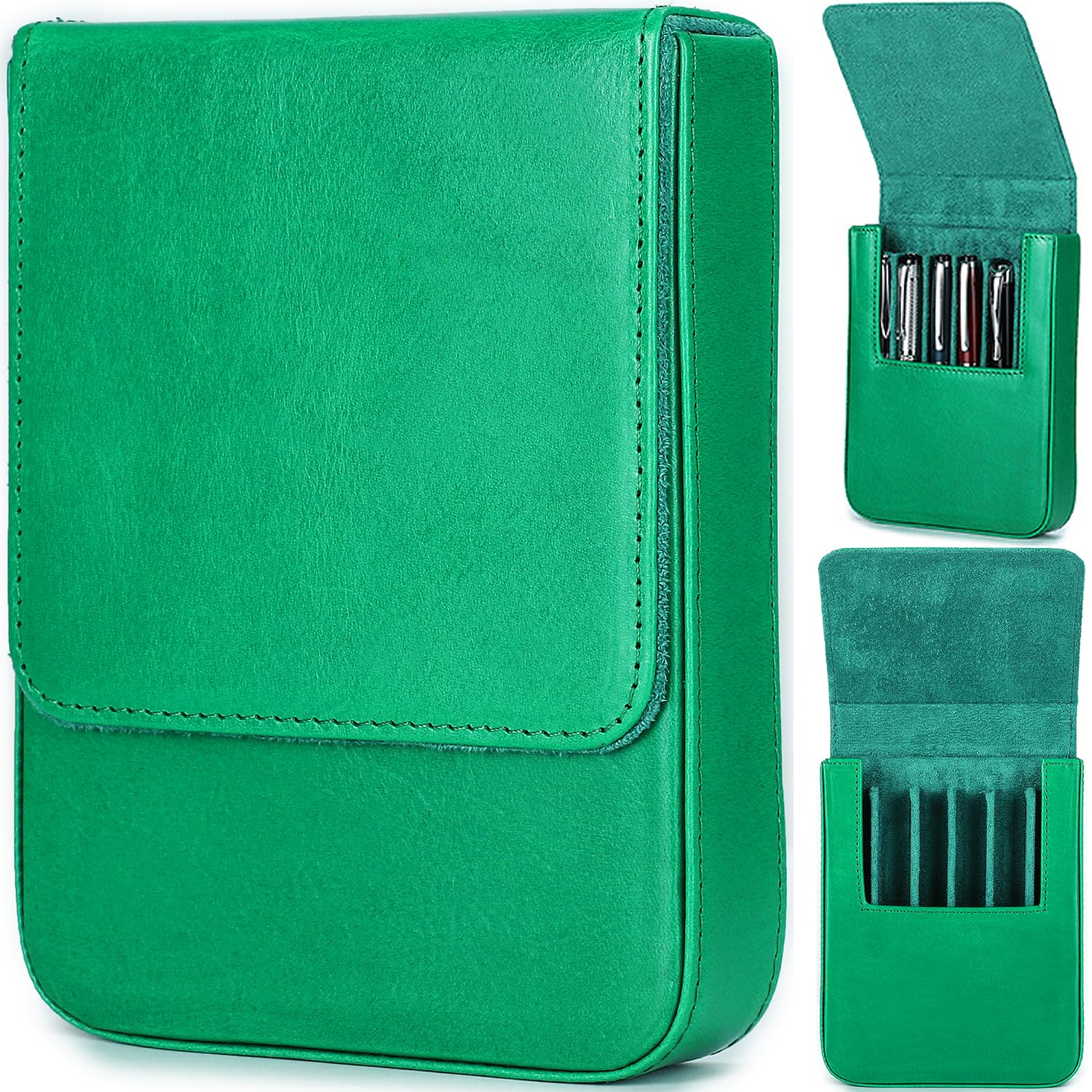 CataPurus Top Grain Genuine Leather 6 Fountain Pen/Pencil Tray Case, Minimalist Fashion Design, Handmade, Magnetic Closure with Drawer Design, Gift Choice for Man/Woman/Office, Glossy Green, 6 Slots