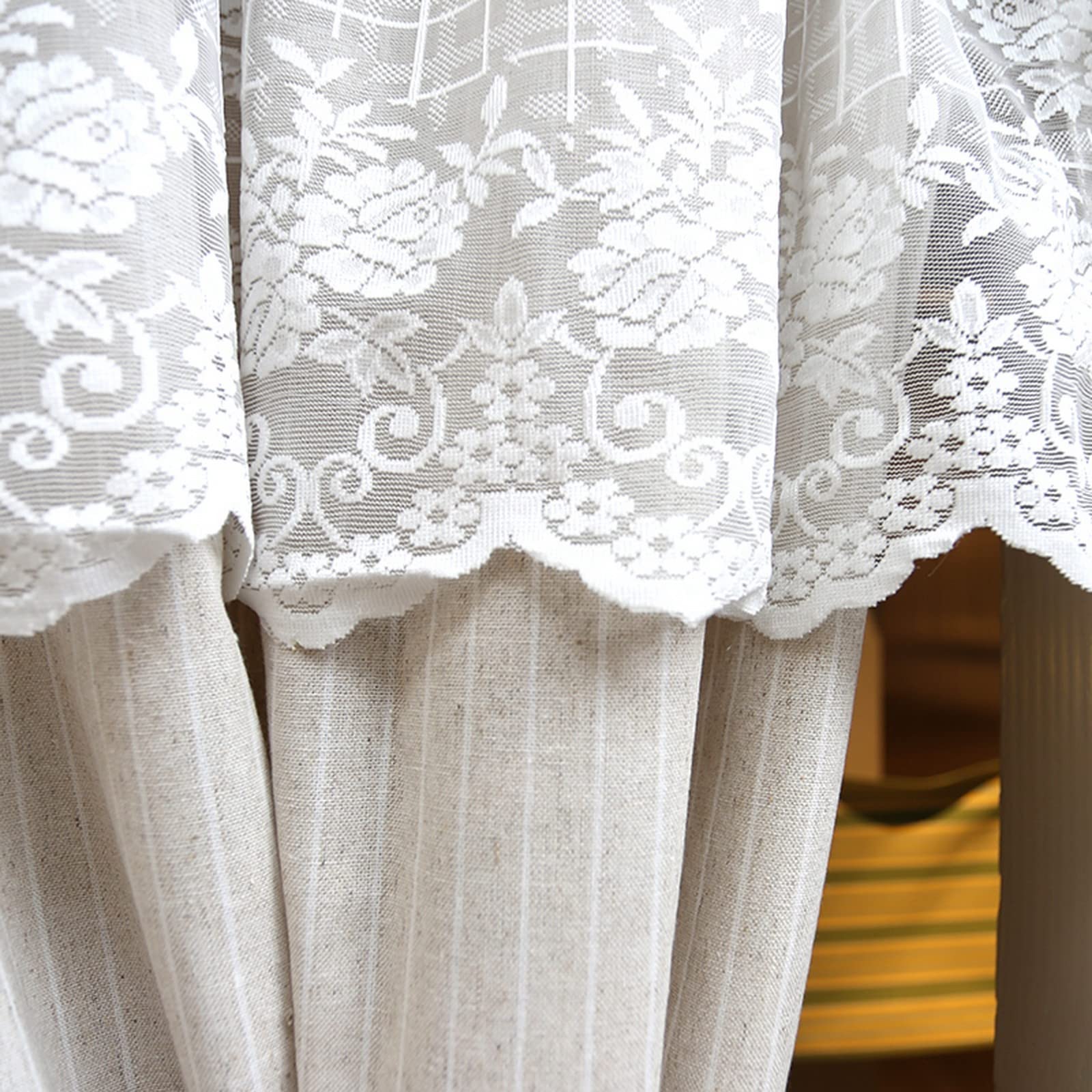 A.Monamour Gardine Scheibengardinen Kurzstores Blickdichte Baumwolle Beige Gestreift Mit Floraler Spitze Kurzvorhang Kurzgardinen Küchengardine Küche Vorhang Fenster Kurz Stores Bistrogardine