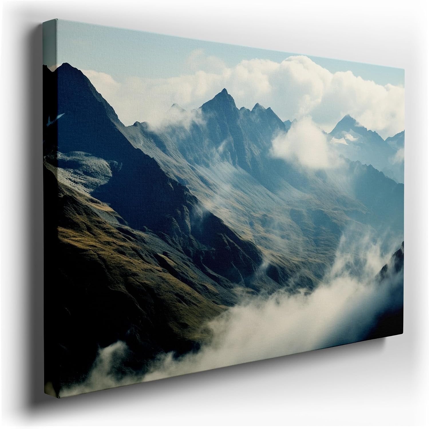 Canvas for Living room. Misty Mountain Majesty: Unveiling Nature's Veiled Peaks, 27 x 18 inch Canvas Wall Art - Ready to Hang