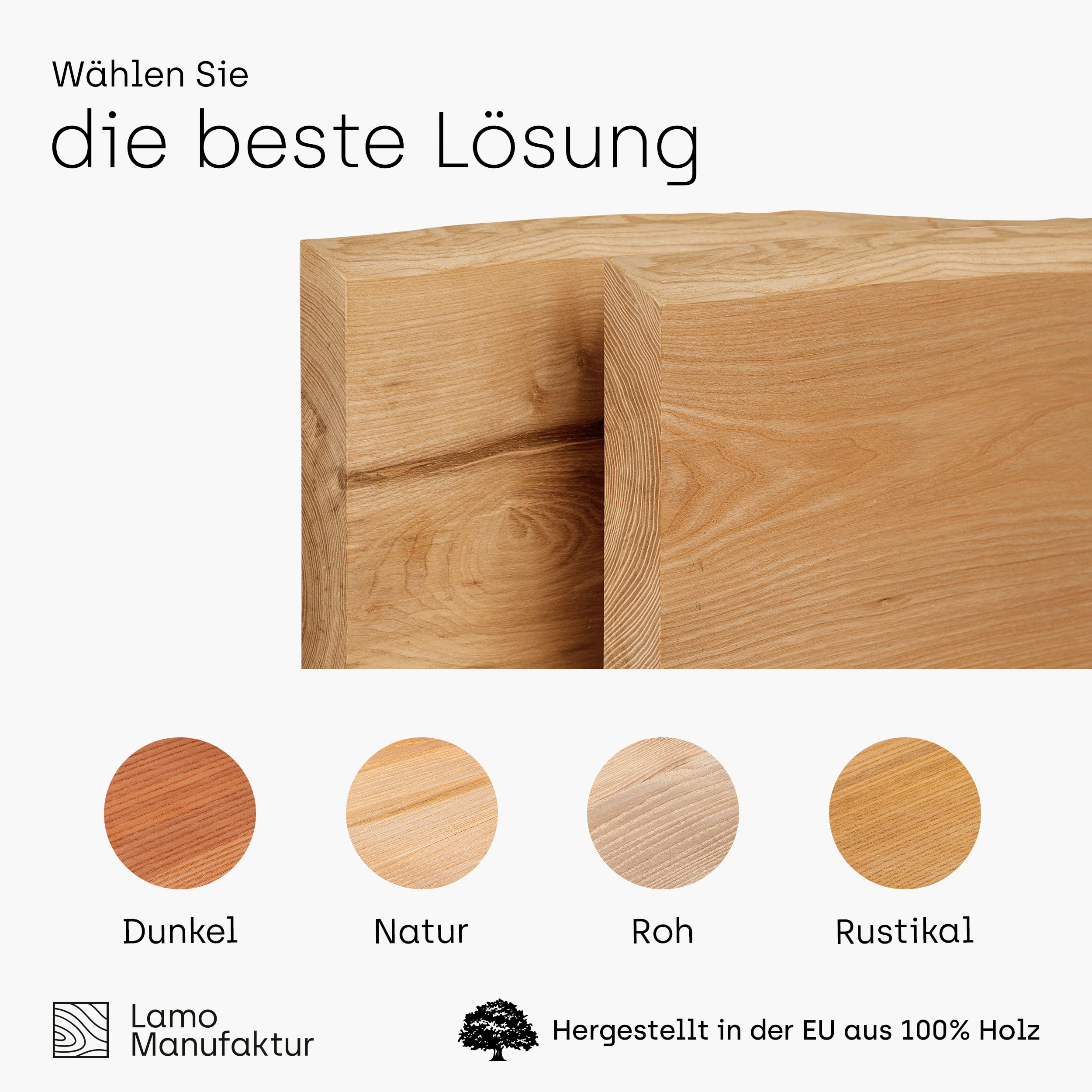 LAMO Manufaktur Piano di lavoro/d’appoggio/top da bagno, piano di lavoro in legno con bordo naturale, 80x45 cm (L x A), Rustico, senza accessori di fissaggio, LWP-01-A-003-BG