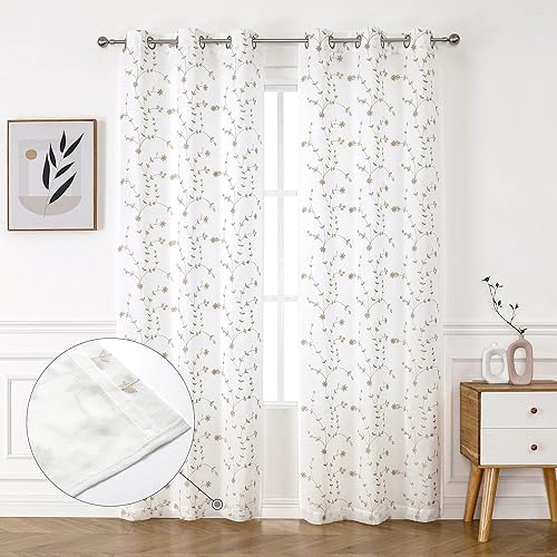 Miniatura 6 de Bujasso Cortinas semitraslúcidas con estampado de hojas bordadas y forradas de 84 pulgadas, cortinas de ventana con patrón de hojas bordadas con