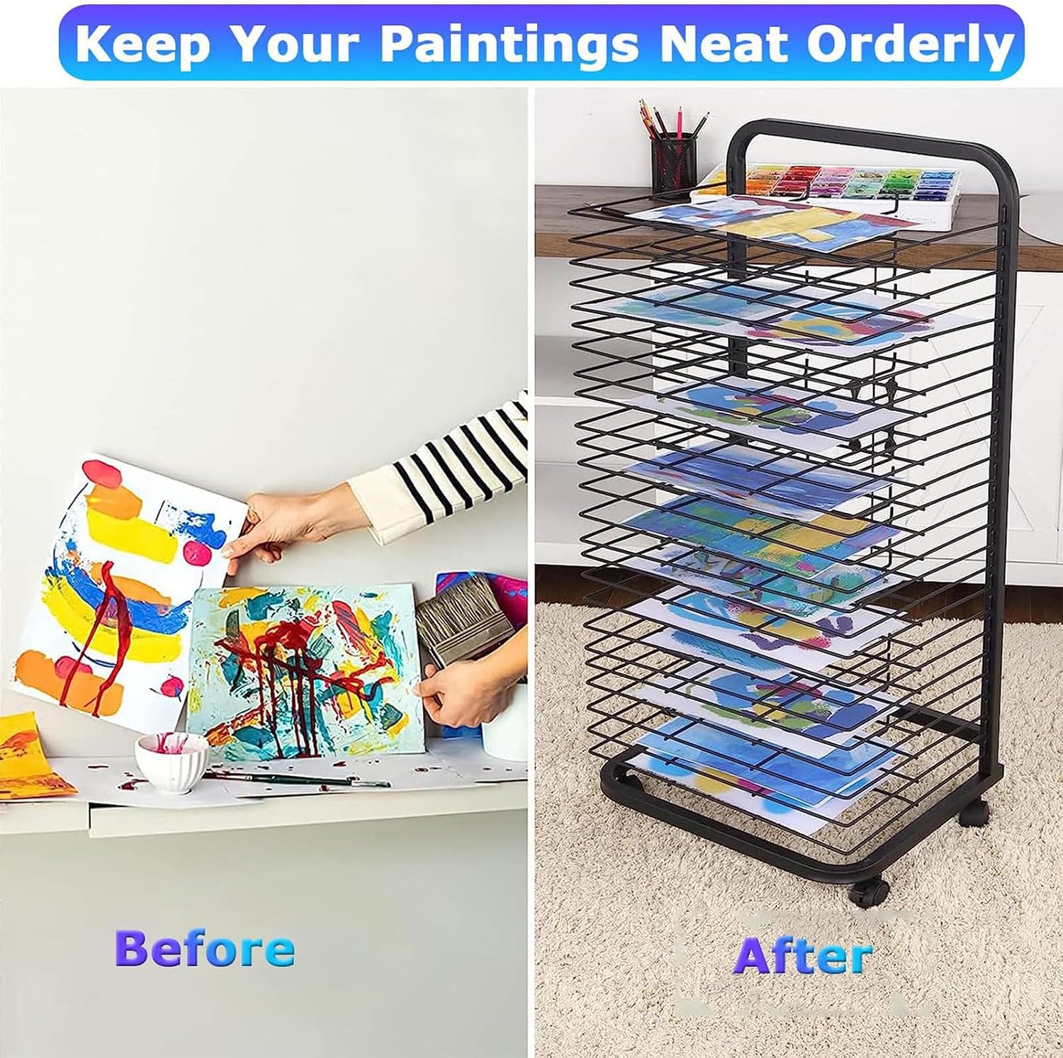 Steel Art Drying Racks with Wheels - Multi-Layer Mobile Craft Shelves for Classroom Schools and Art Studios, Solid and Flexible Painting Drying Solution,35layer