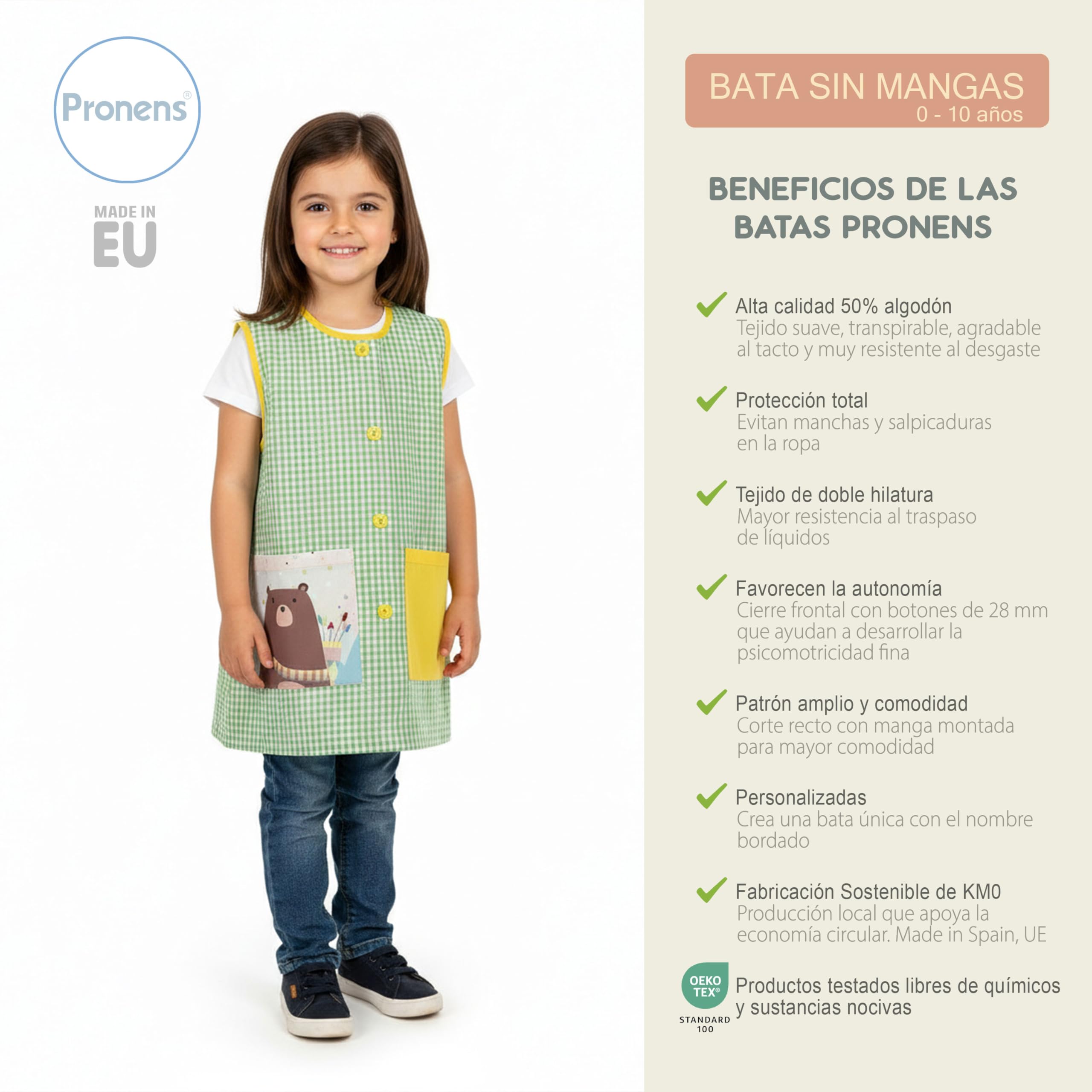 Bata Escolar Sin Mangas Niño Niña Babi Verano Guardería Colegio Resistente Personalizable con Nombre Bordado