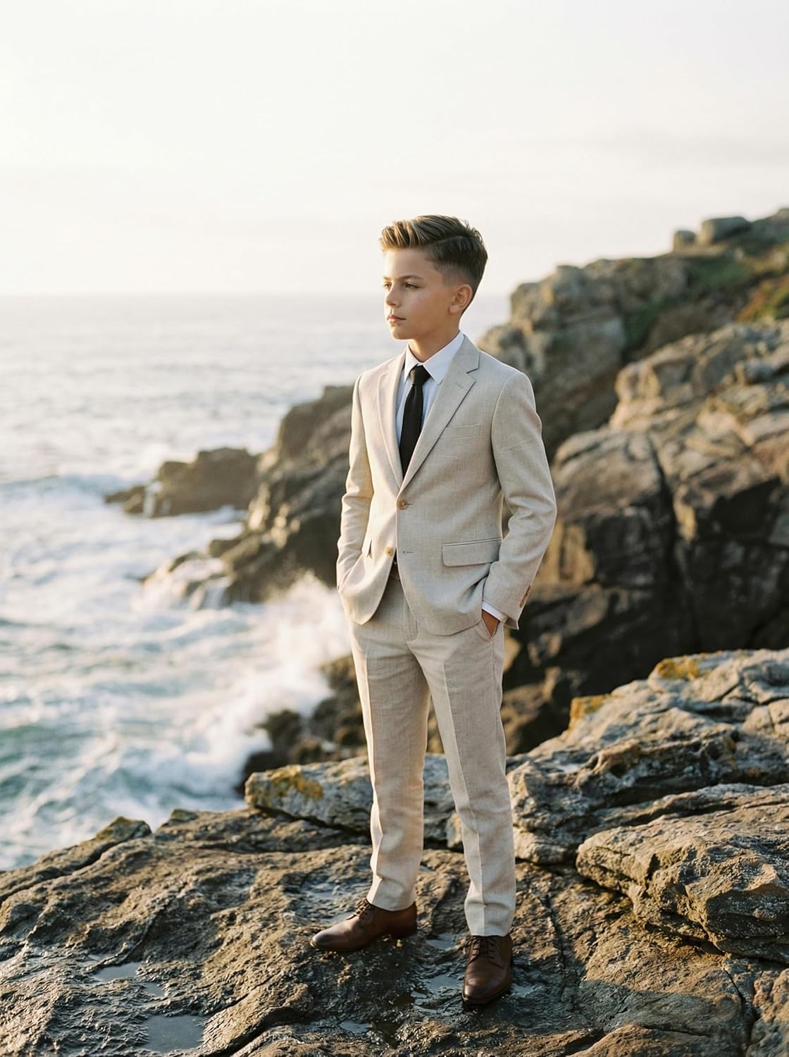 Boys Formal Suits for Kids 5 Piece Slim Fit Summer Beach Wedding Outfit Light Weight Prom Tuxedo Suit Set