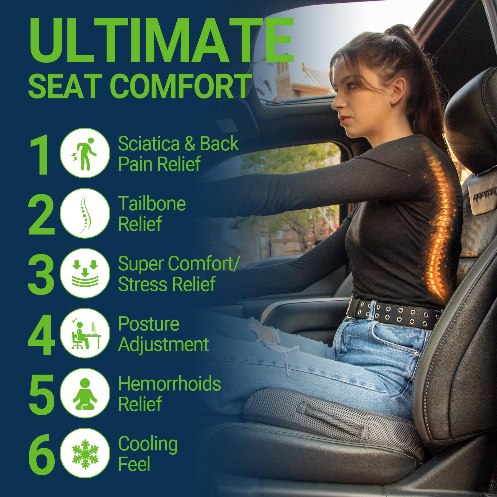 Season Guard Cojín de gel para asiento de oficina, cojín de espuma viscoelástica de gel antideslizante, para el dolor de coxis, para silla de escritorio, asiento de coche, alivio del dolor de espalda