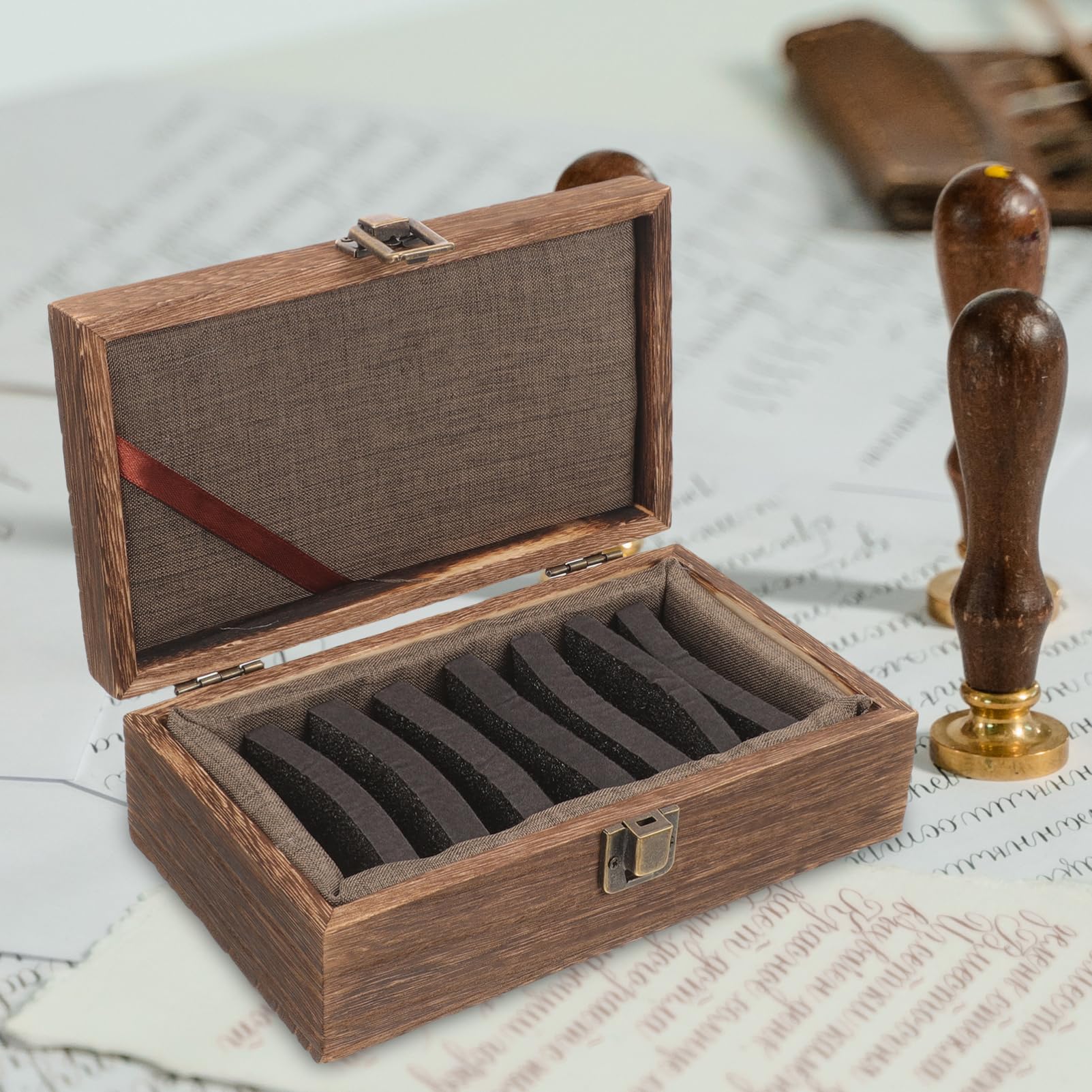 Healvian 4 Pezzi Scatola Legno per Calligrafico con Scomparti Organizer per Timbri e Umidità Leggera e Pratica per Inchiostri e Timbri Design Legno Carbonizzato