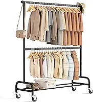 MISSLO Suporte de roupas resistente para pendurar roupas com rodinhas Rack resistente sobre rodas para casaco, vestuário, preto fosco (haste dupla)