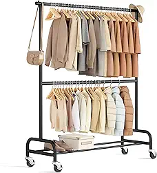 MISSLO Suporte de roupas resistente para pendurar roupas com rodinhas Rack resistente sobre rodas para casaco, vestuário, preto fosco (haste dupla)