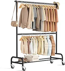MISSLO Suporte de roupas resistente para pendurar roupas com rodinhas Rack resistente sobre rodas para casaco, vestuário, preto fosco (haste dupla)