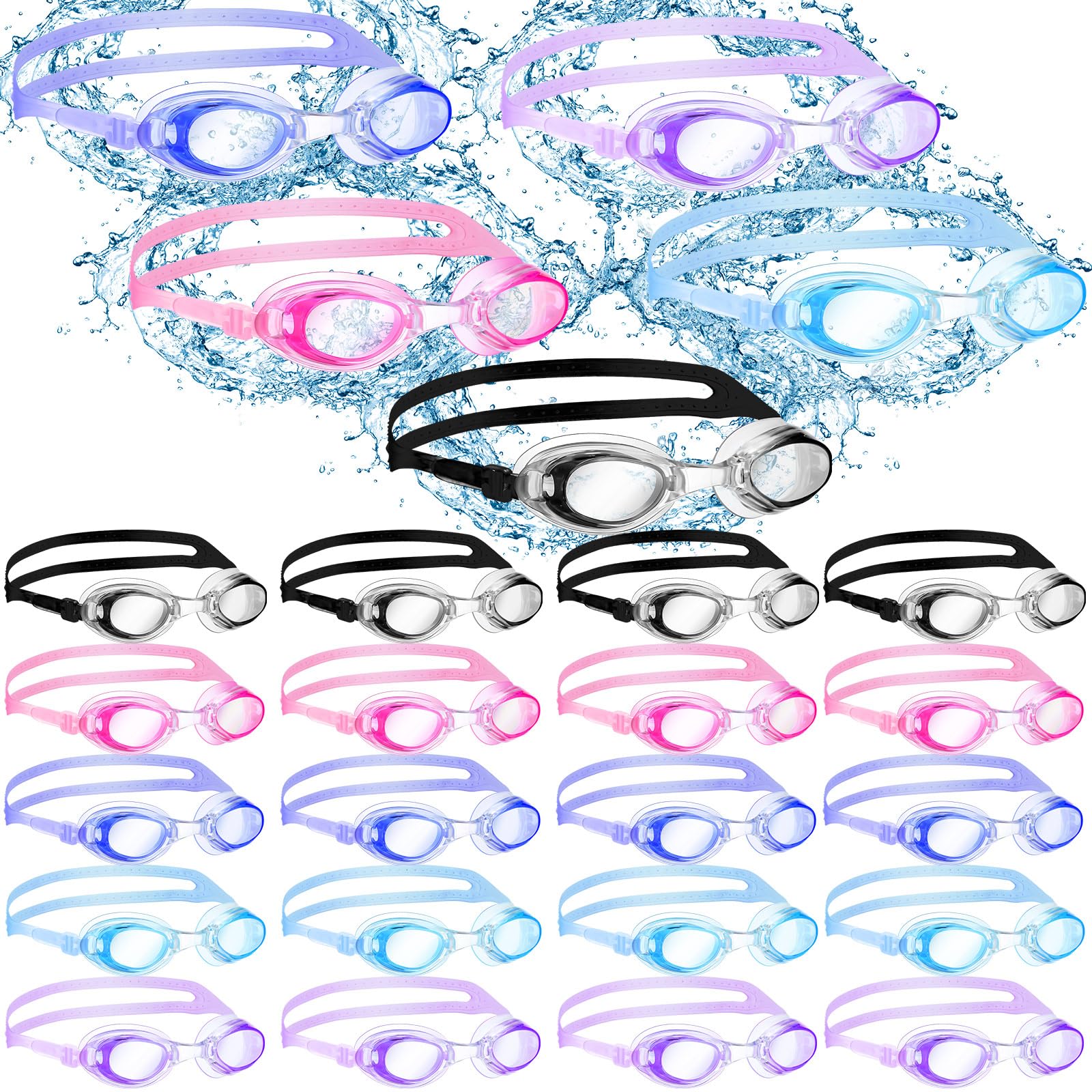 Macarrie 30 Pack Swim Goggles Bulk No Leaking Swimming Goggles with Ear Plugs and Nose Clip for Adult Men Women Youth(Classic Color)