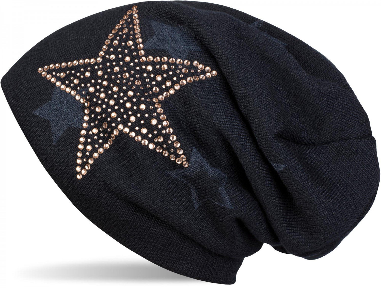 styleBREAKER Warm fine Knit Beanie hat with All-Over Star Pattern, Rhinestone Star and Extremely Soft Fleece Inner Lining, Unisex 04024084, Colour:Midnight-Blue/Dark Blue