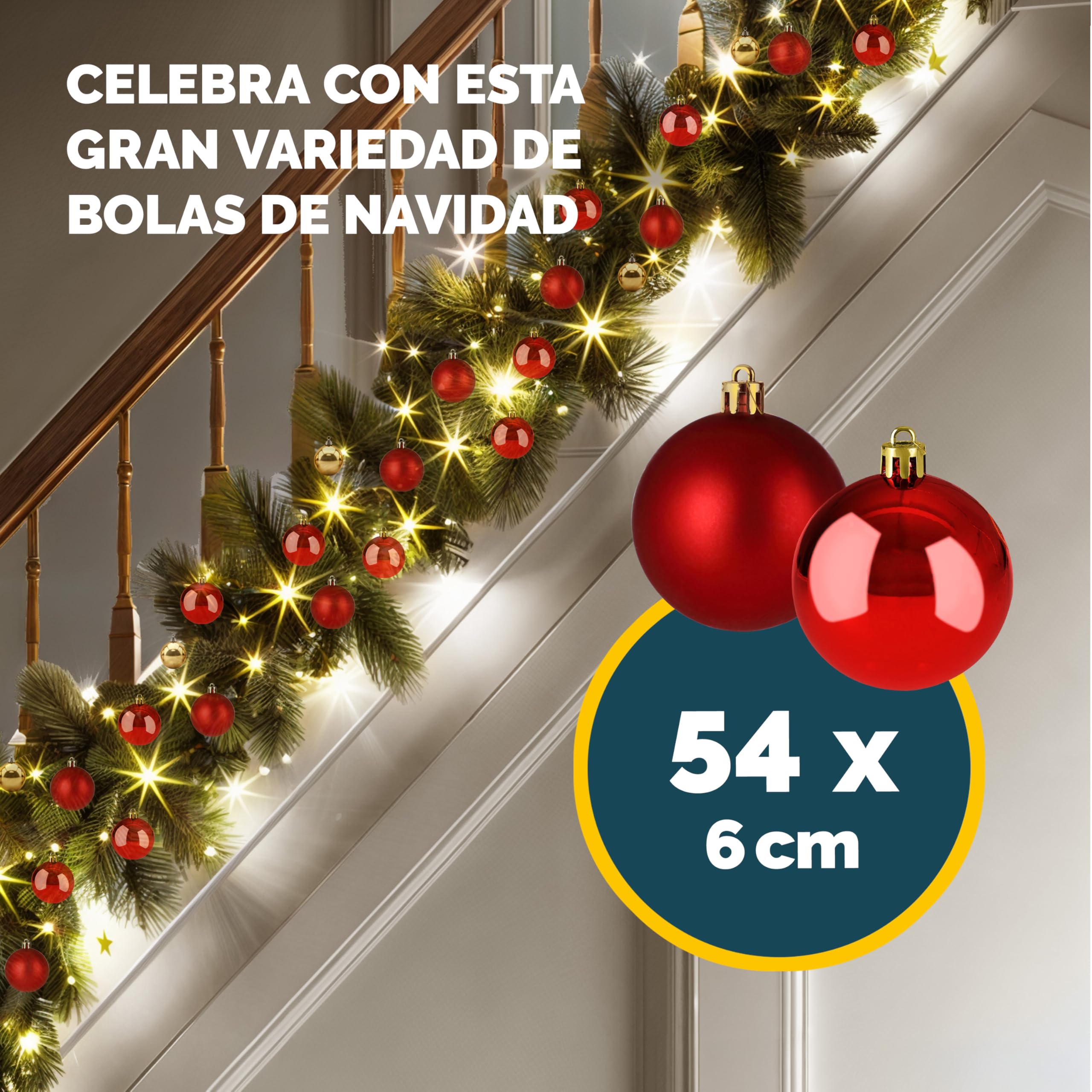 Deuba® Bolas Árbol de Navidad Set Completo 54 Pzs. Adornos Decoración Brillante Mate Colgante Rojo