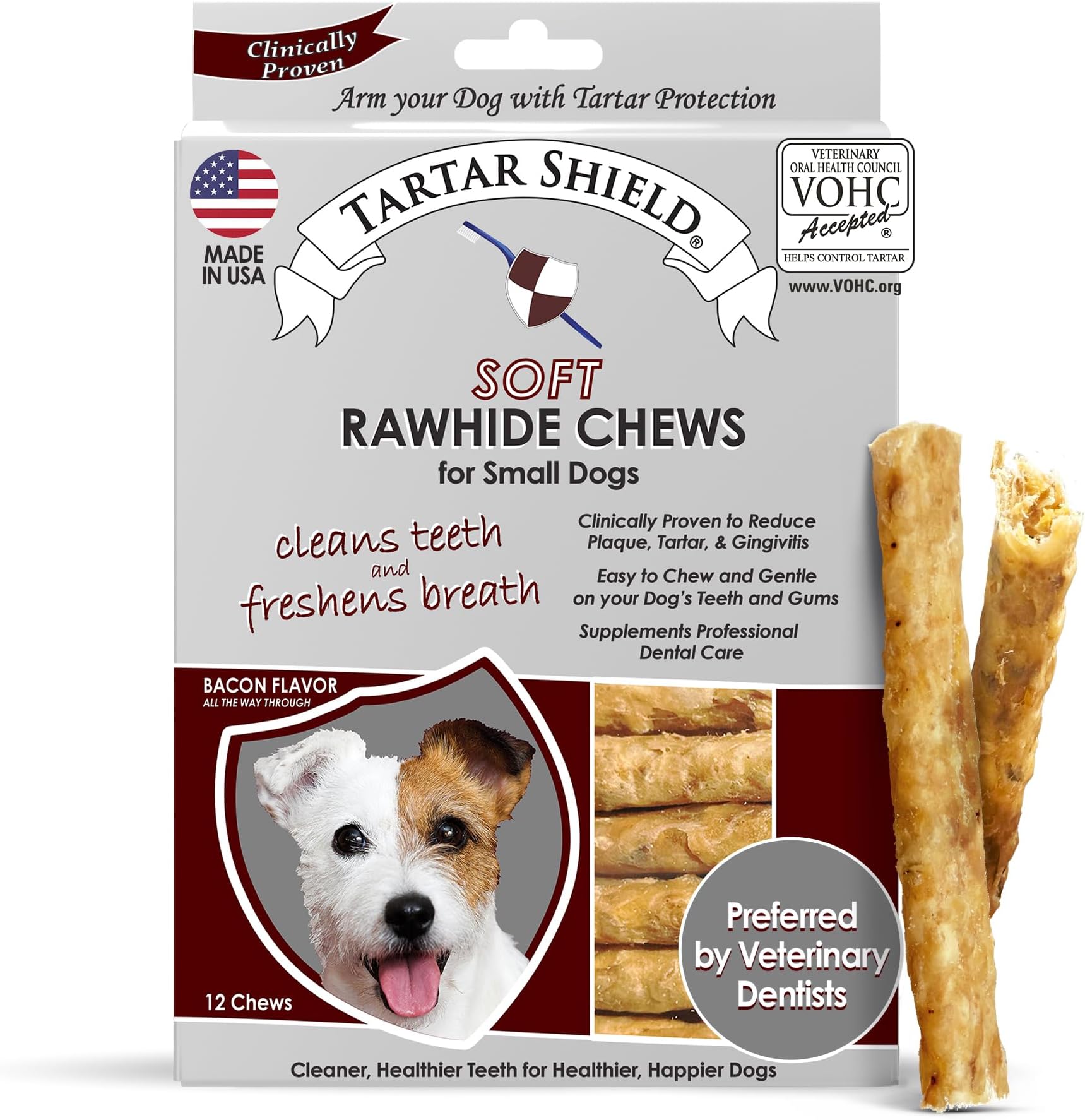 Tartar Shieldยฎ Soft Rawhide Dental Chews for Small Dogs | VOHC Accepted | Reduces Tartar, Controls Plaque & Freshens Breath | Vet Recommended | Bacon Flavor | USA Made | 12 Count