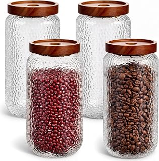 LemonRoad 4 Pack 33 oz Vintage Glass Jars with Lid Decorative Airtight Glass Food Containers Anti Slip Storage Canister for Kitchen Counter Pantry Coffee Nuts Sugar Candy Tea Cookie Spices Oats Cereal