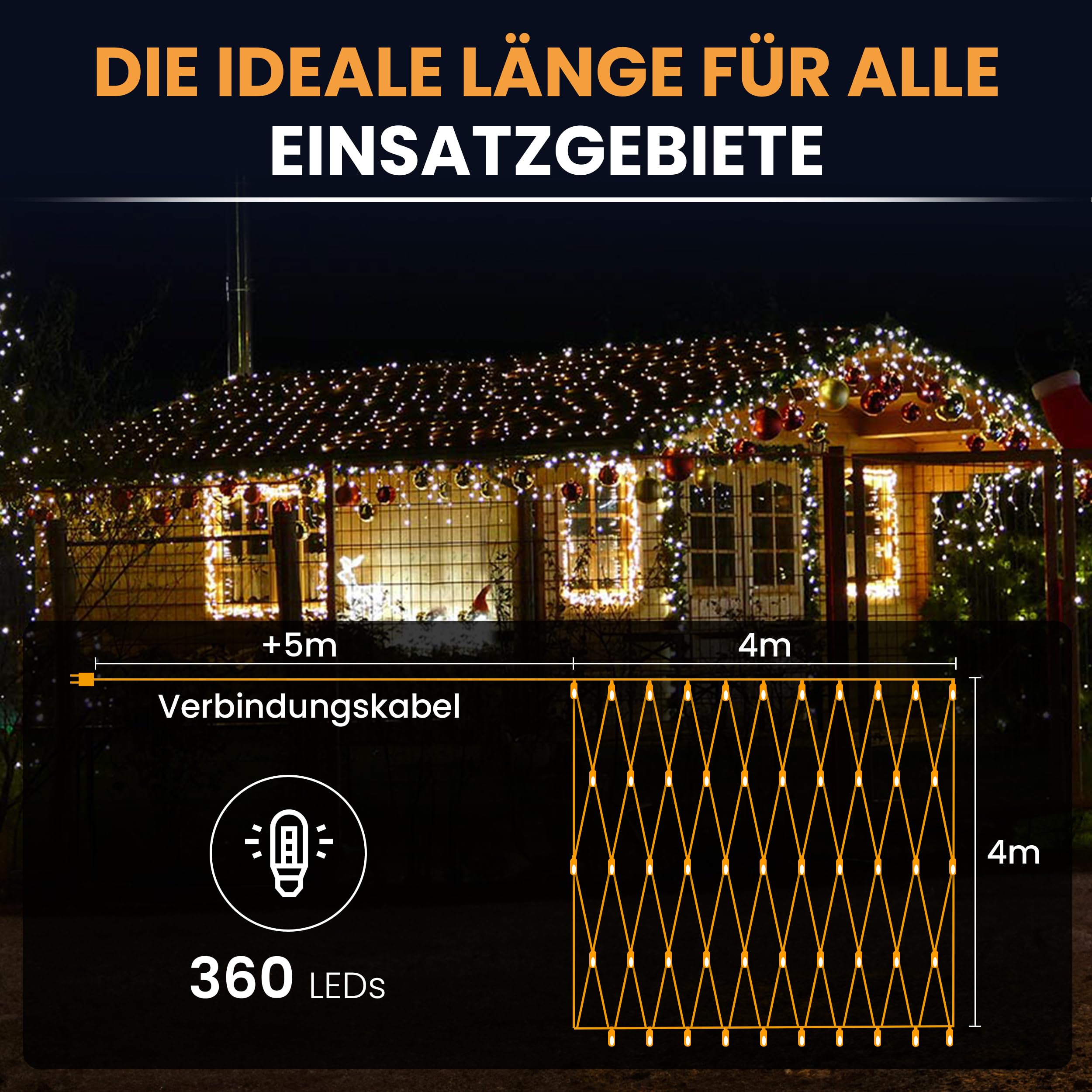 Gartenpirat LED-Lichternetz 4x4 m 360 LED warmweiß mit Timer-Funktion Lichterkette Netz Beleuchtung außen innen