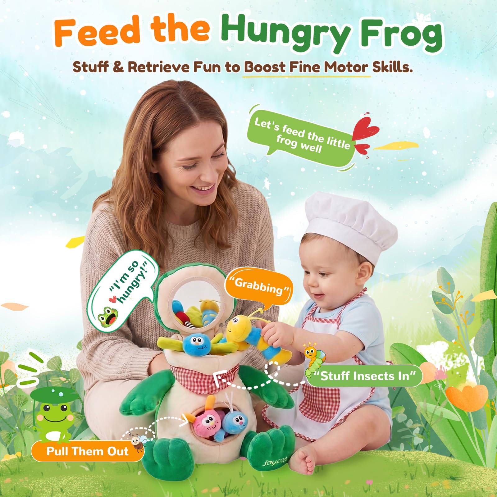 JoyCat Jouets pour Bébés 3 à 18 Mois - Jouet Montessori Grenouille avec 4 Insectes sensoriels, Hochet, Papier Froissé, Couineur et Miroir Bébé - Jouets Montessori pour Enfant 6 7 8 9 10 Mois, Cadeau