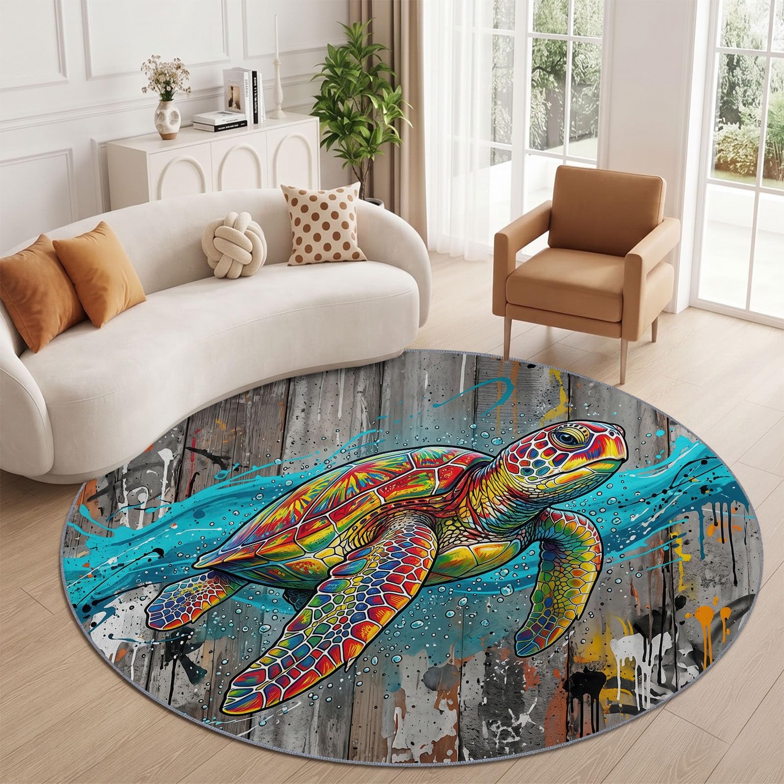 Générique Tapis Rond Gris 100 cm Antidérapant, Colorée Tortue De Mer Animal Marin Tapis de Salon Rond à Poils Courts Lavable en Machine, pour Chambre Cuisine et Chambre d'enfant
