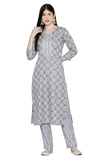 Kurta Set For Women - Grey Cotton Blend Golden Floral Printed Kurta With Zigzag Printed Pant For Daily, Casual, Collage Wear