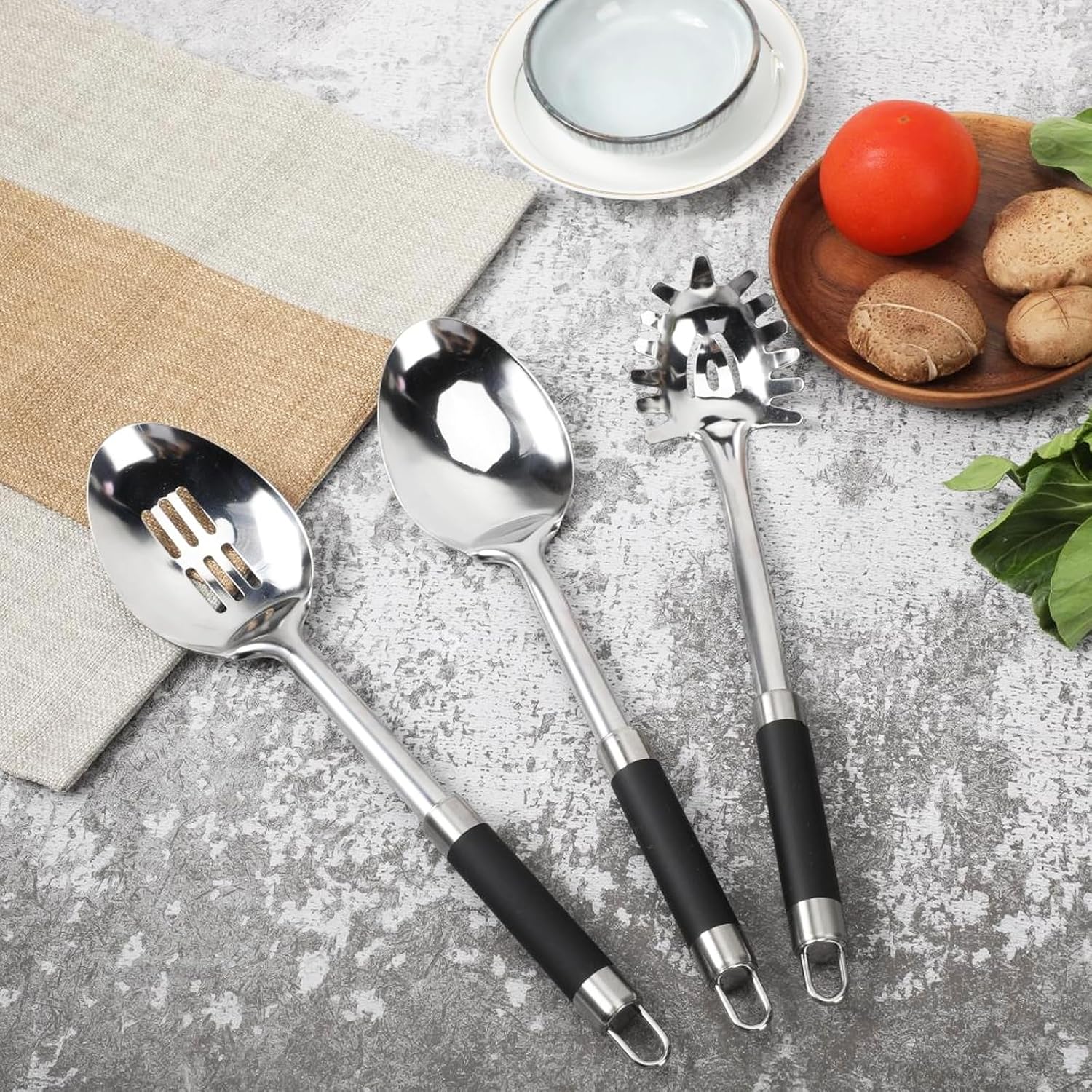 3-Piece,Stainless Steel Serving spoons set with Slotted Spoon, Serving and Spaghetti Spoon, kitchen cooking serving utensils set cooking spoon.