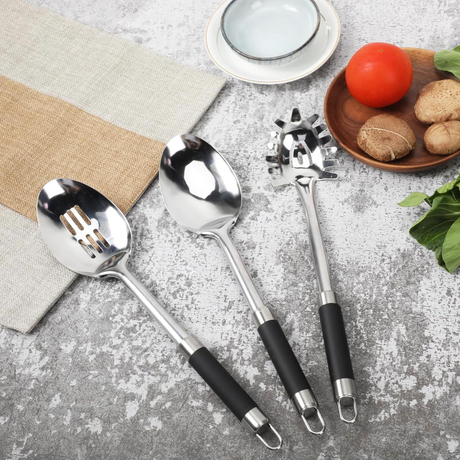 3-częściowy zestaw łyżek do serwowania ze stali nierdzewnej z łyżką cedzakową, łyżką do serwowania i łyżką do spaghetti, zestaw przyborów kuchennych do gotowania, łyżka do gotowania.