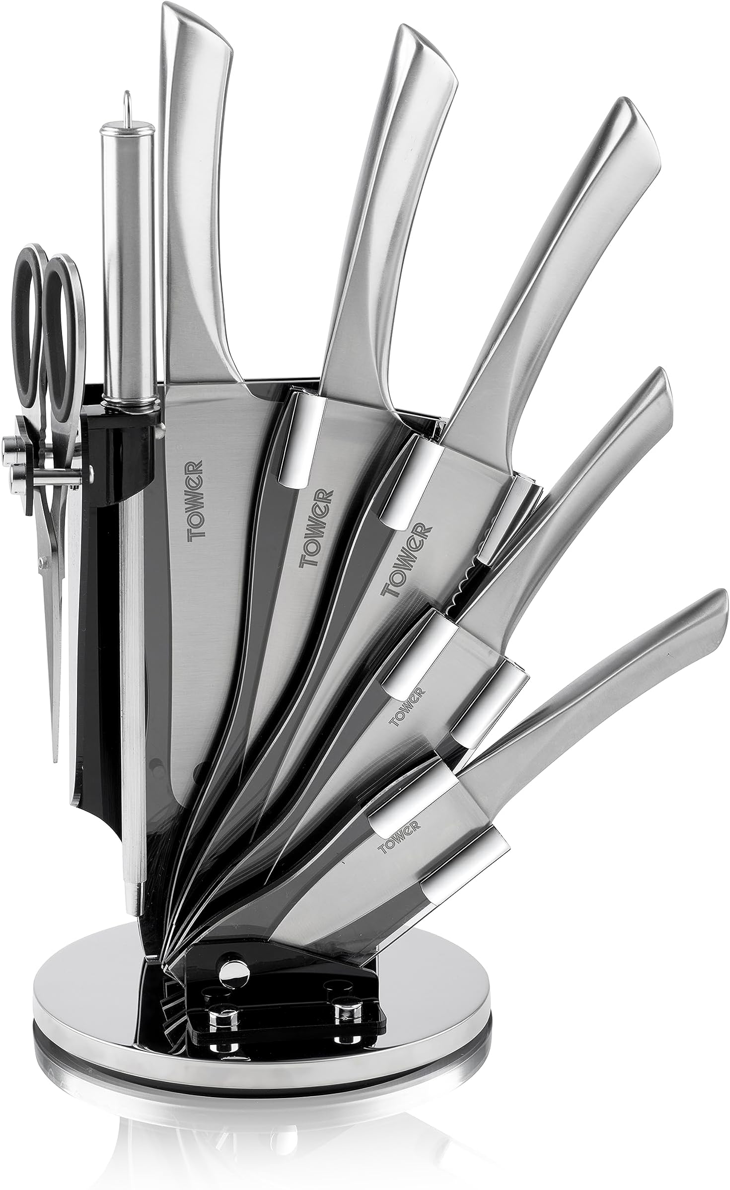 Tower T80709S 7 Piece Knife Set with Rotating Acrylic Knife Block, Stainless Steel, 360-degree Base