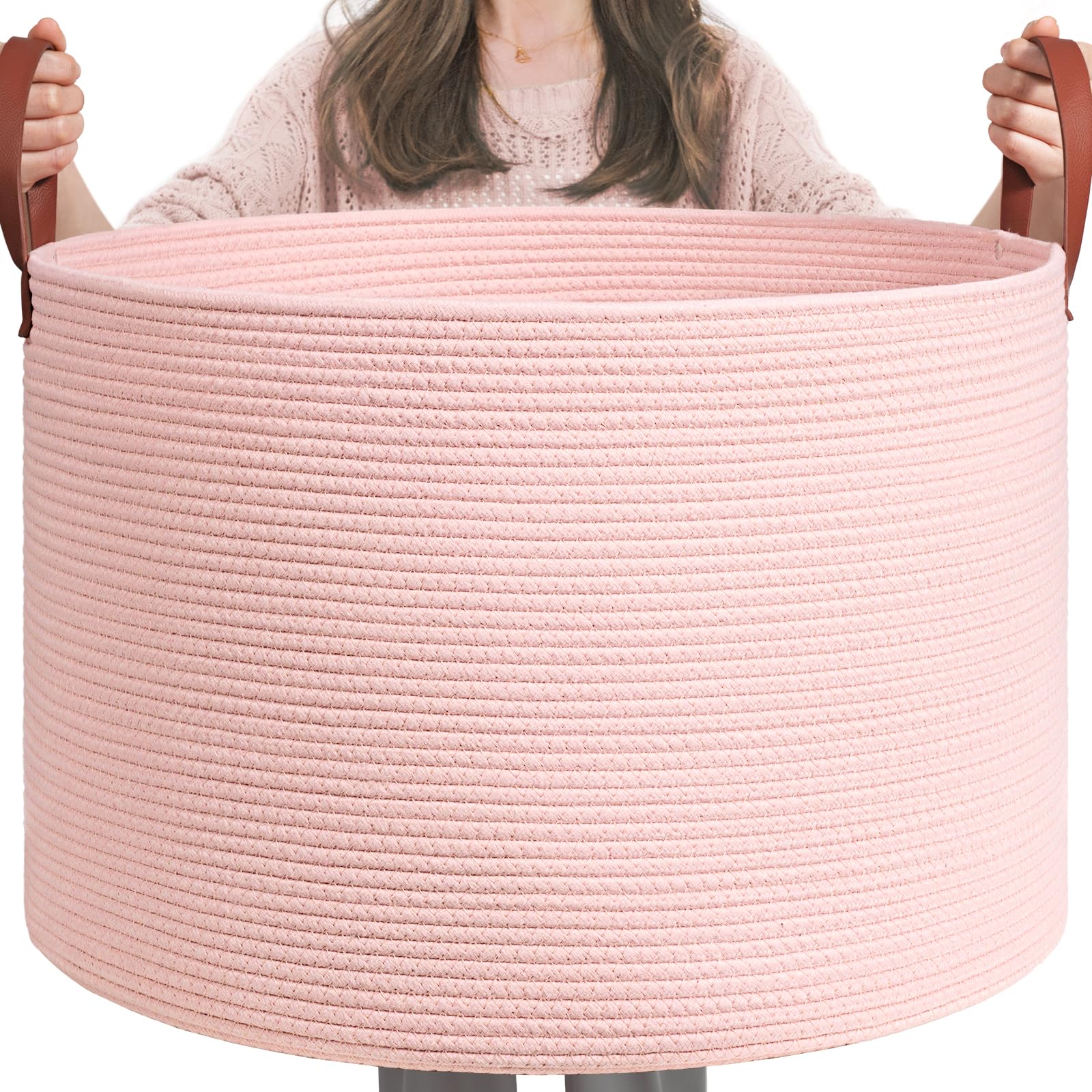 (similar) CHICVITA Baby Laundry Basket, Basket for Toys, Pink Basket for Gifts, Large Basket for Blankets Living Room, Woven Storage Basket for Organizing, Decorative Basket for Nursery, 22" x 14"