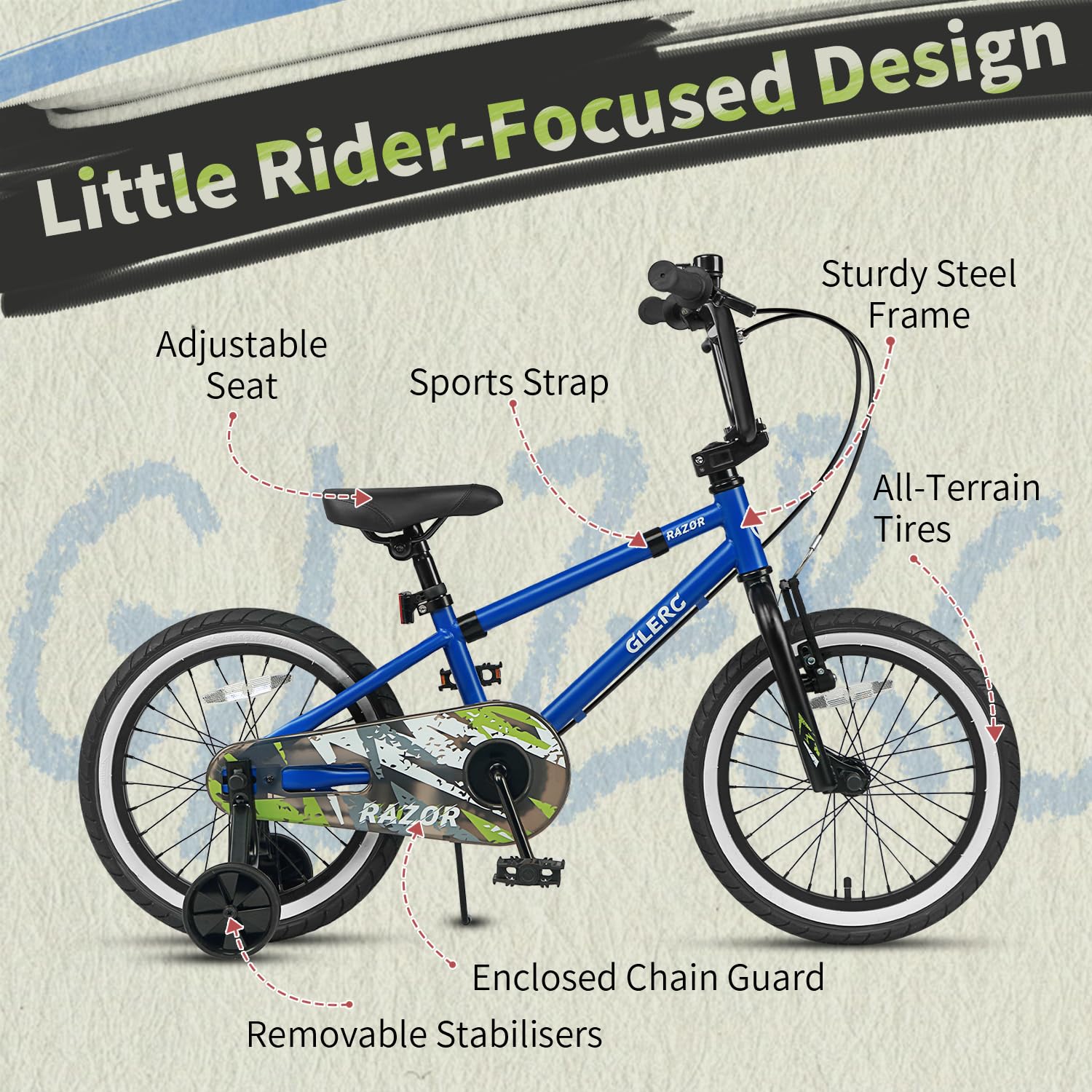Glerc Razor 16 Zoll Kinderfahrrad für 4-7 jährige Jungen Jugendliche erstes BMX Style Fahrrad mit Ständer & Sicherheitsklingel & abnehmbaren Stützrädern, Blau