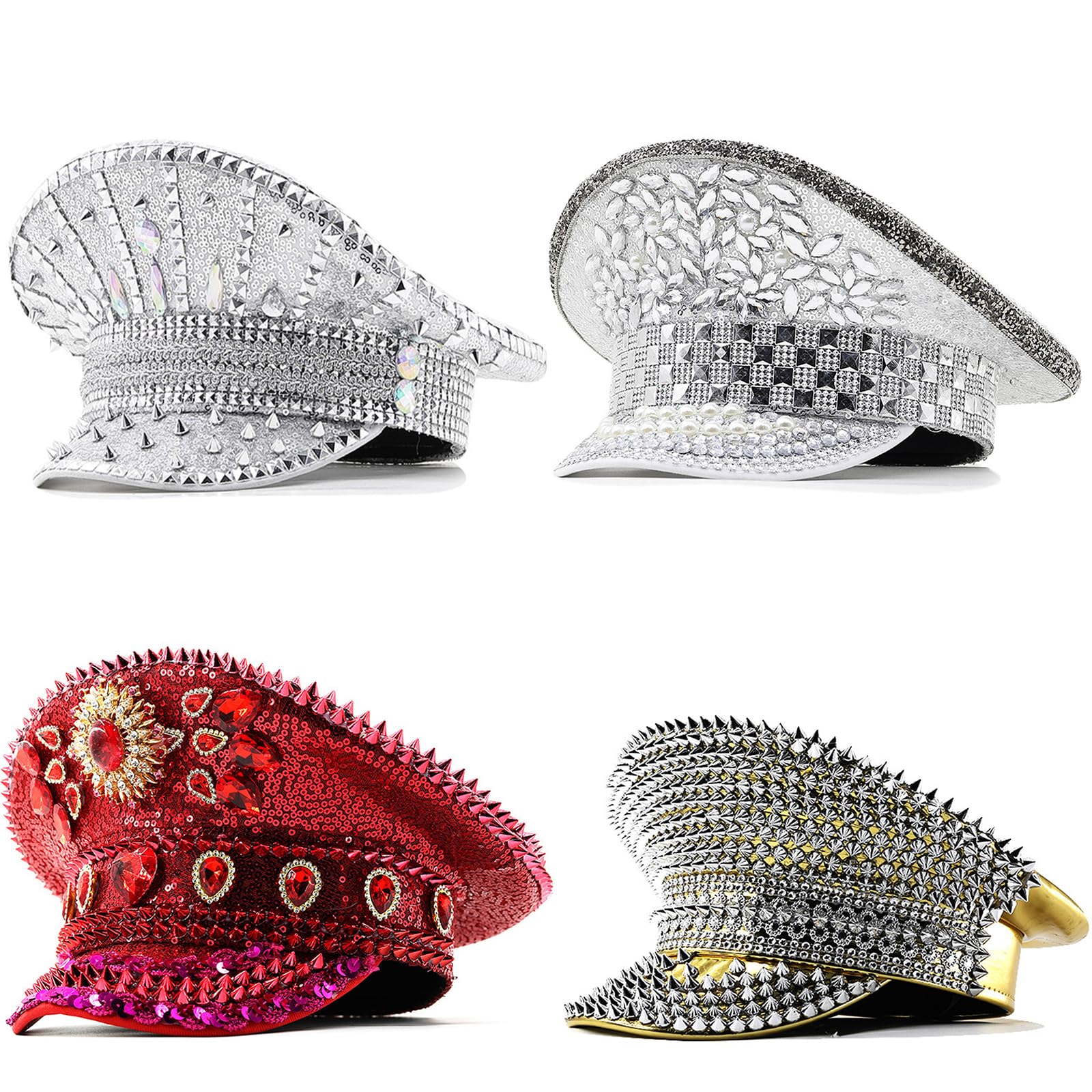 Cappello a cilindro con strass e borchie a tesa larga per giovani adulti a tema per feste a tema musicali, festival, servizi fotografici, puntelli
