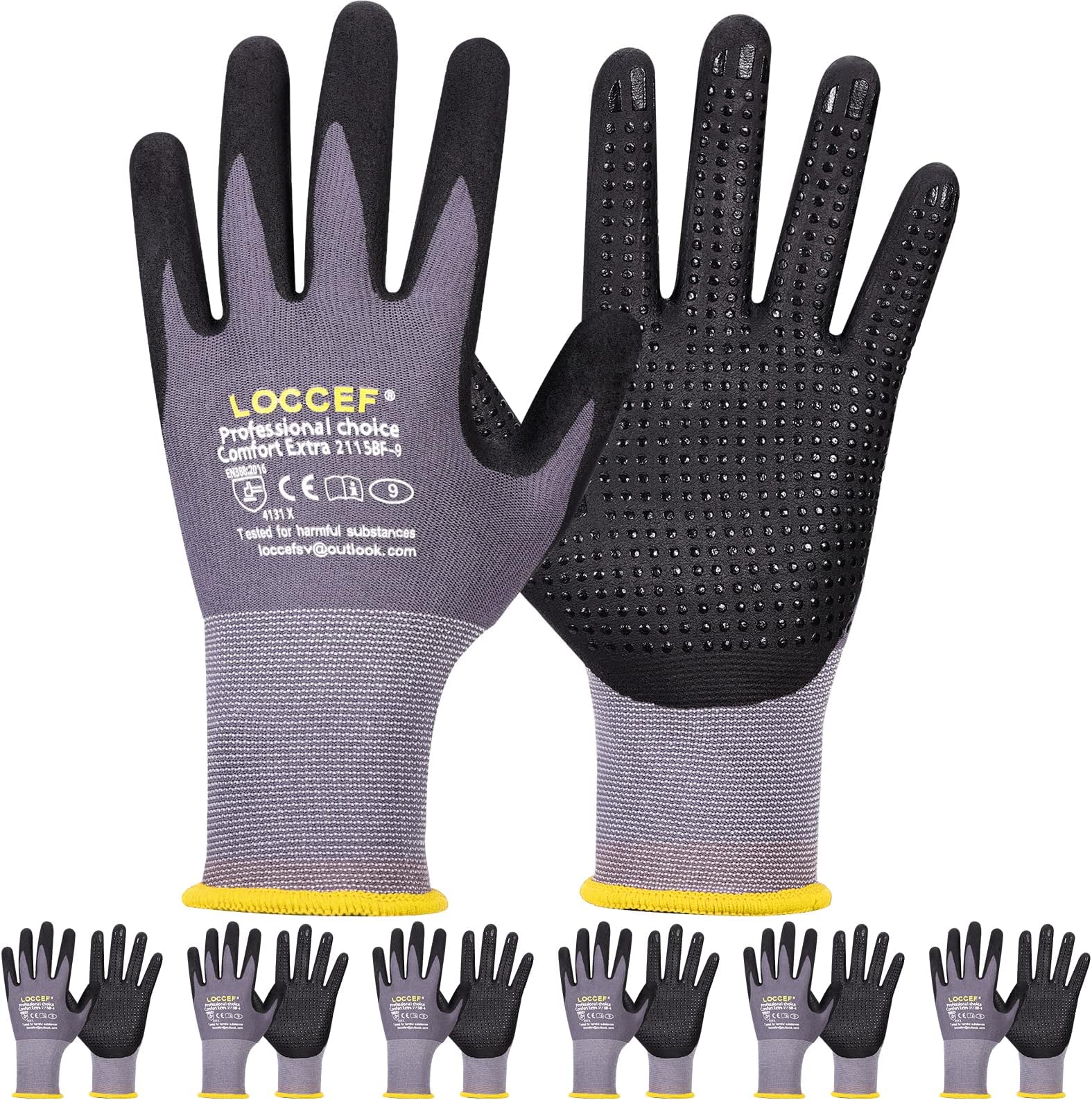 - Work Gloves MicroFoam Nitrile Coated-6 Pairs,Endurance Seamless Knit Nylon,Dots on palm,Tacky Dot Grip Gloves
