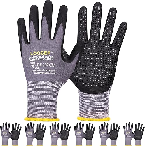 LOCCEF Guantes de trabajo con revestimiento de nitrilo de microespuma, 6 pares, nailon de punto sin costuras, puntos en la palma, guantes de agarre
