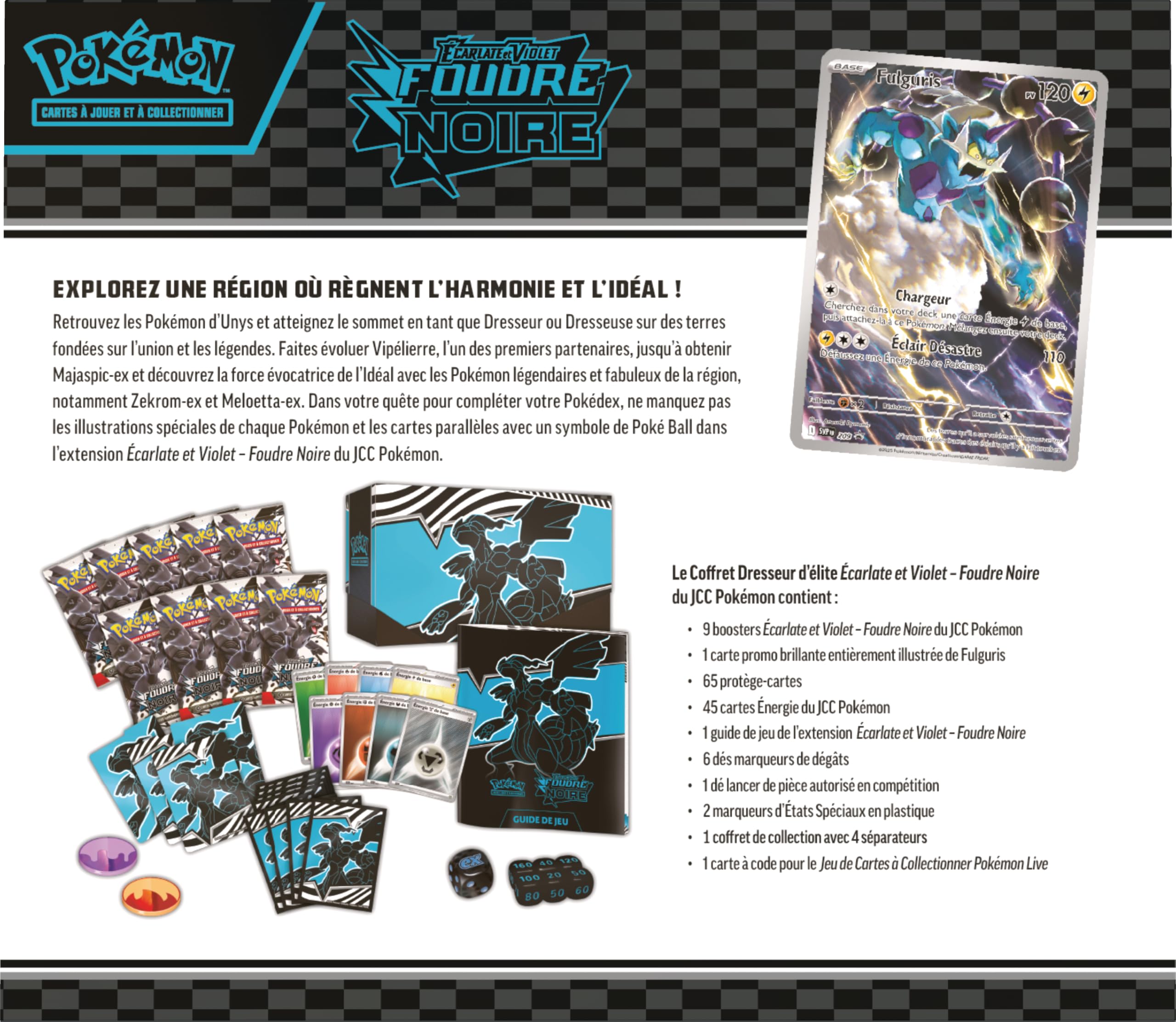 Pokémon : Coffret Dresseur d’élite Écarlate et Violet – Foudre Noire – Zekrom du JCC Pokémon (1 Carte Promo Entièrement Illustrée de Fulguris, 9 Boosters et des Accessoires de Jeu Premium)