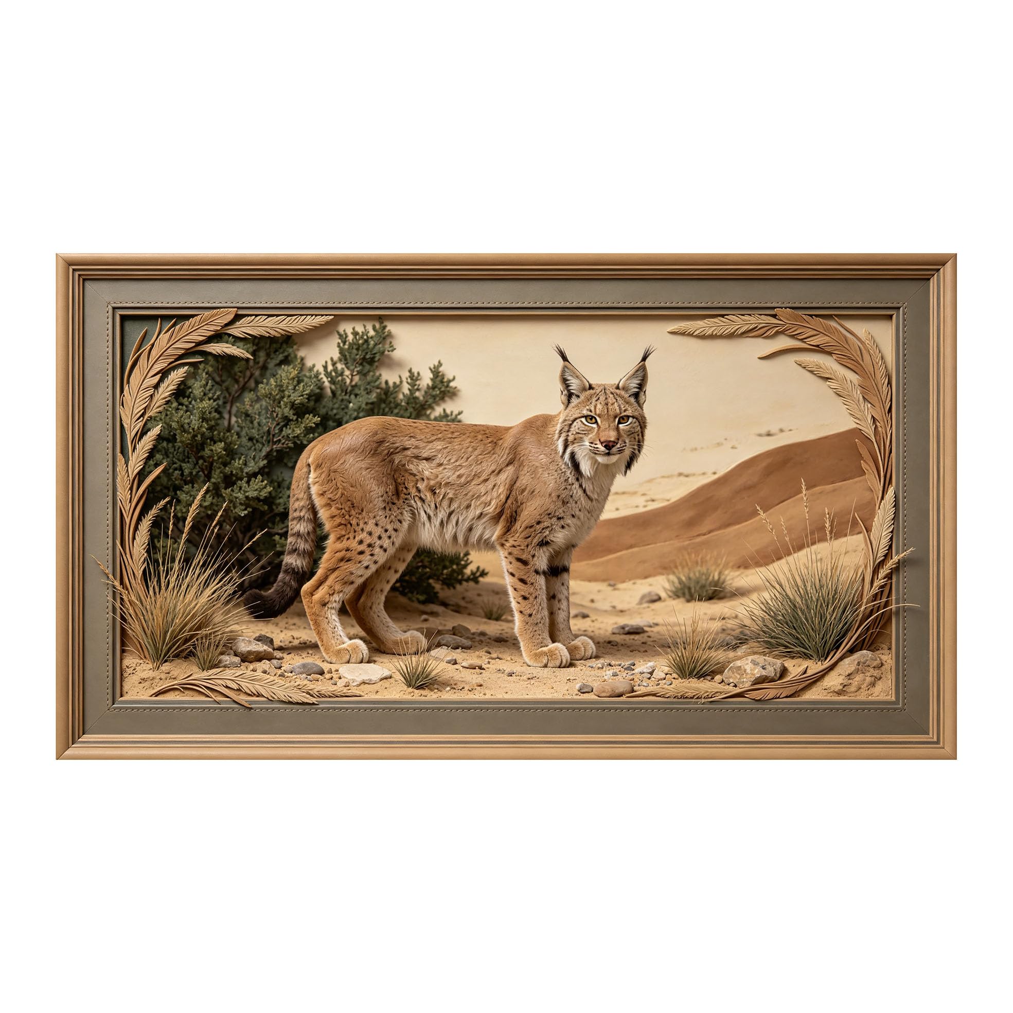 Murasolite 3D 3D Framed Wall Art 50cm×90cm Desert Lynx Wildlife Landscape Realistic Oil Painting SelfAdhesive Fabric Mural Wall Decor, Peel and Stick No Damage to Wall for Bedroom Living Room