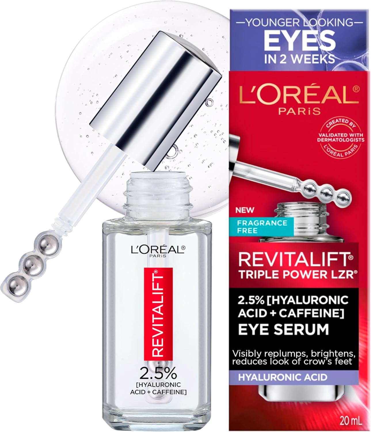 L’Oréal Paris 2.5% Hyaluronic Acid & Caffeine Plumping Eye Serum, Brightens Look of Dark Circles, Reduces Look of Crow’s Feet & Wrinkles, Revitalift, For All Skin Tones & Types, Fragrance Free, 20ml L’Oréal Paris 2.5% Hyaluronic Acid & Caffeine Plumping Eye Serum, Brightens Look of Dark Circles, Reduces Look of Crow’s Feet & Wrinkles, Revitalift, For All Skin Tones & Types, Fragrance Free, 20ml