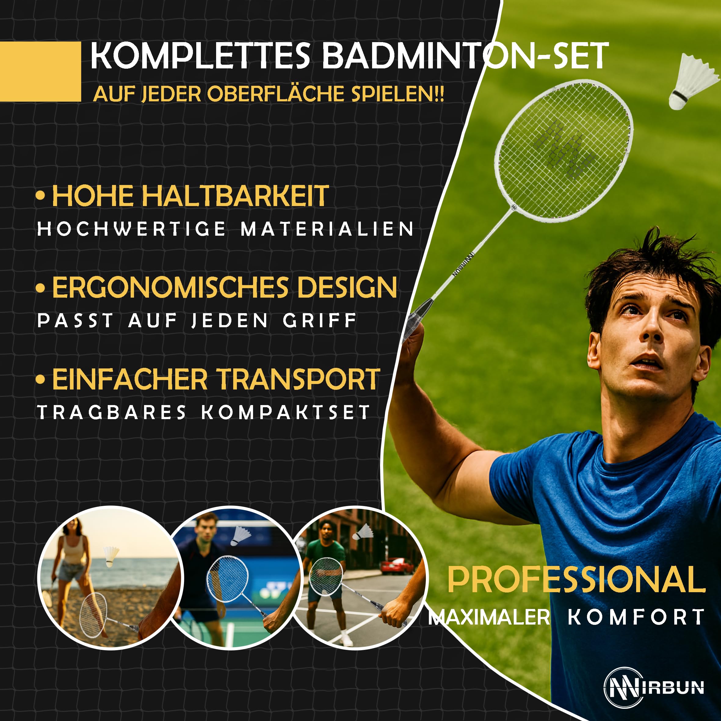 Badminton-Set für 4 Spieler mit Netz | Professionelle Schläger + 3 Federbälle + Tragetasche | Robuster Metallrahmen | 5,1 m Netz | Familienspiel für drinnen und draußen