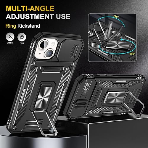 Miniatura 3 de Funda para iPhone 15 con 2 protectores de pantalla de vidrio templado Funda para cámara deslizante con soporte de anillo giratorio de 360 integrado