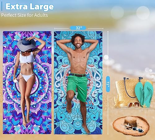 Miniatura 3 de Qinqinamu Paquete de 2 toallas de playa ligeras de microfibra de gran tamaño de 71 x 32 pulgadas, extra finas grandes sin arena, toallas de viaje,