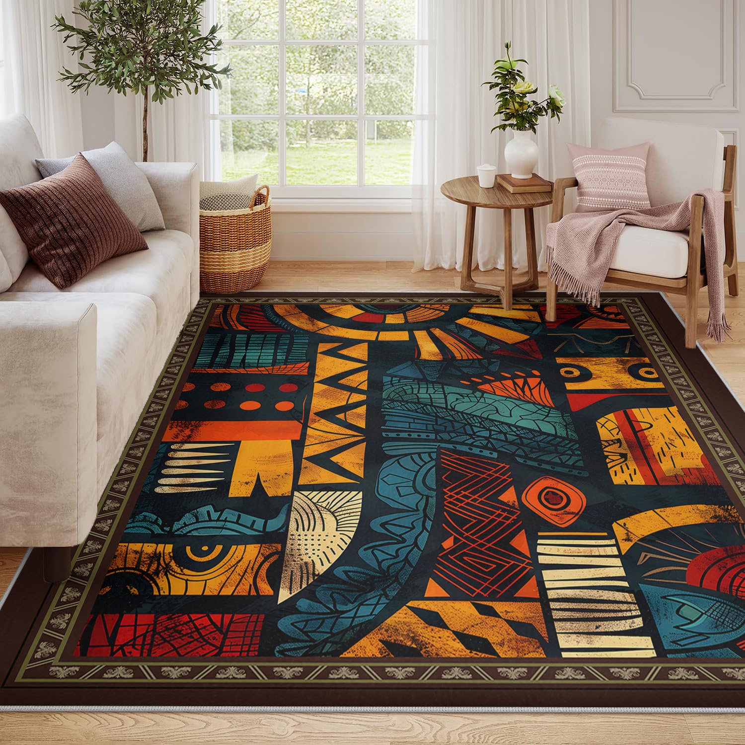 Waschbarer Teppich 140x200 Flächenteppiche für Wohnzimmer Kinderzimmer Primitive Tribal Kunst ultraweiche Kunstwolleteppiche rutschfeste und Nicht abfallende Teppiche mit niedrigem den