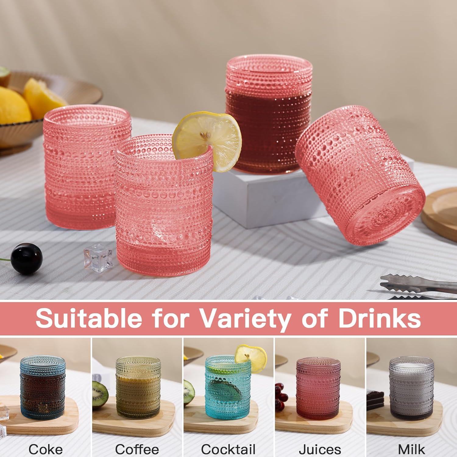 Pink Vintage Hobnail Drinking Glasses Set of 6, Embossed Water Tumbler 12oz, Kitchen & Bar Beaded Glass Cups, Beverage Glass Cups for Water, Beer, Juice, New Year gifts - Image 5