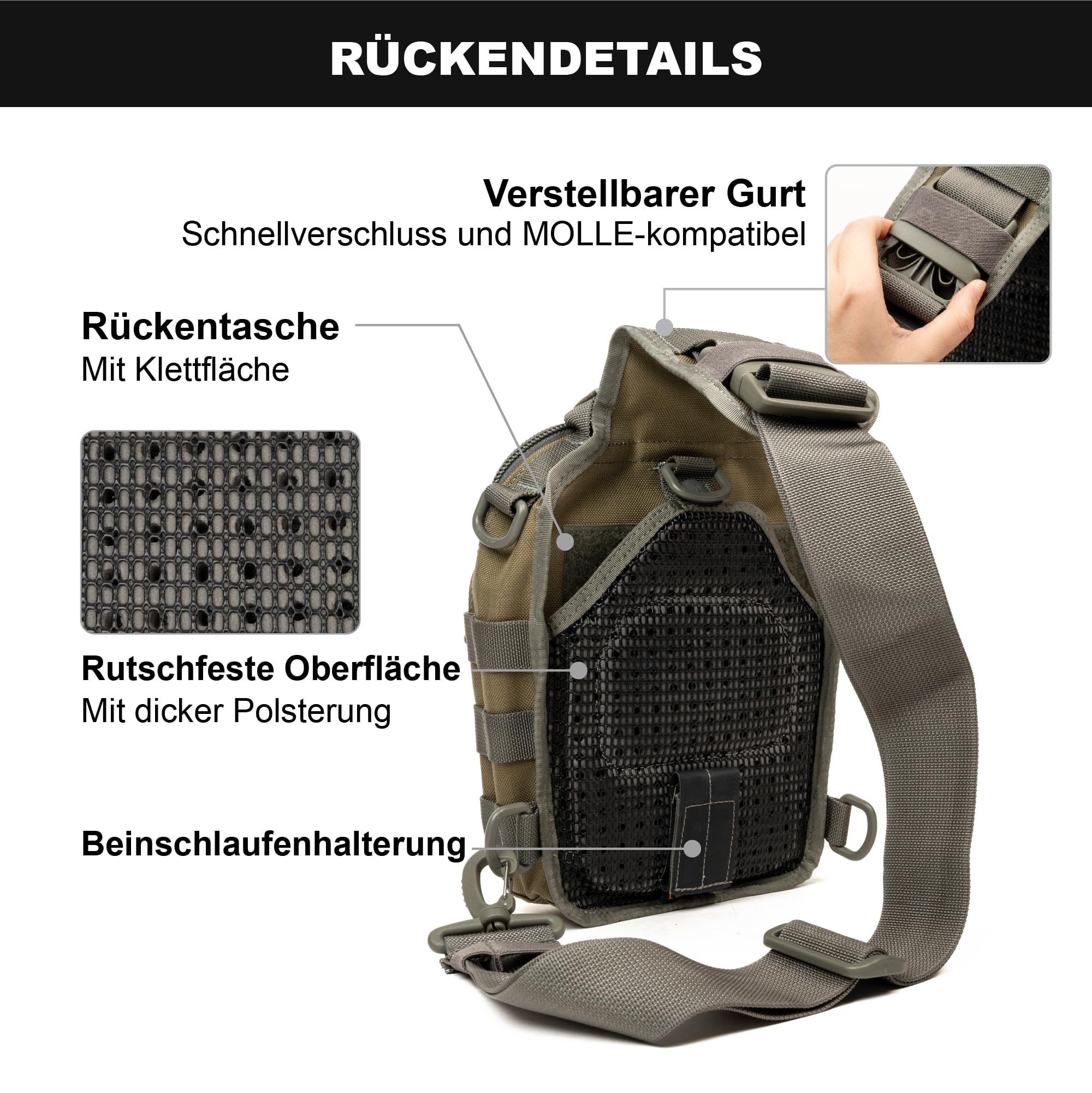 MAGFORCE Taktische Sling Bag „Hamburger Bag“ – Kompakte Schulter- und Brusttasche mit Molle-System, Leichtes Nylon, Große Kapazität, Mehrere Fächer, mit Tragegurt Khaki-Laub, Größe S – 1050D