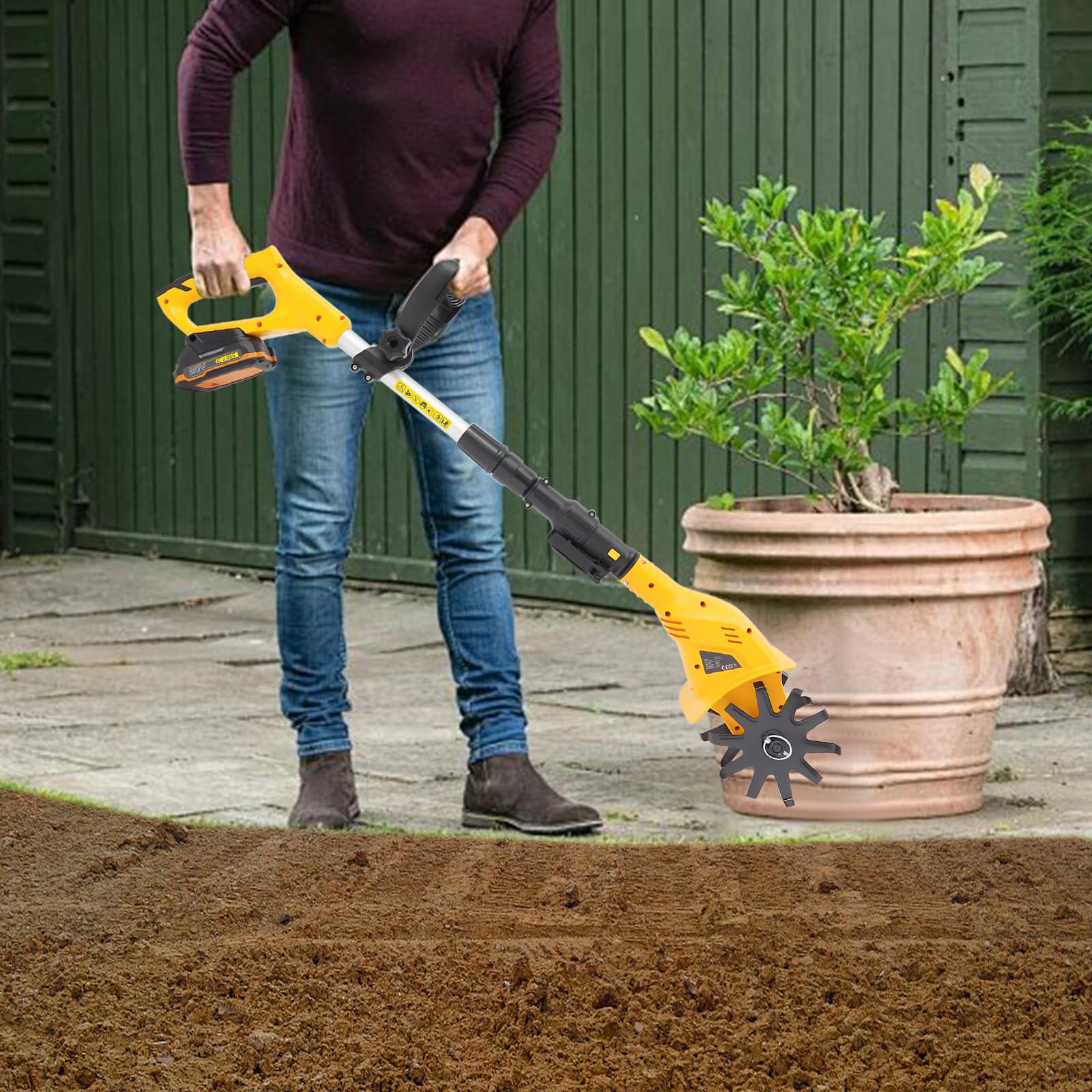 Motozappa a batteria con batteria da 2,0 Ah, zappa elettrica da 20 V con 250 giri/min, motozappa per allentare il terreno e rimuovere le erbacce, zappa da giardino portatile (profondità di lavoro 25