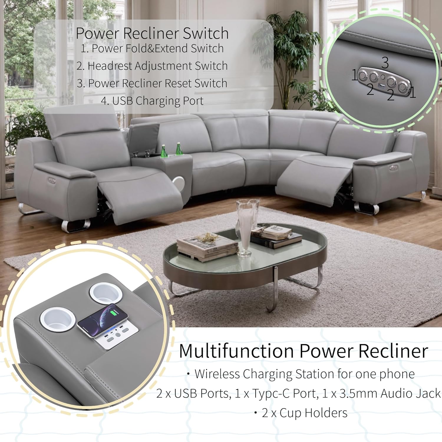Top Grain Leather Living Room Recliner Sectional Set, USB Charging Port, Convertible Electric Recliner for House, Living Room, The Office (Grey-Upgrade)