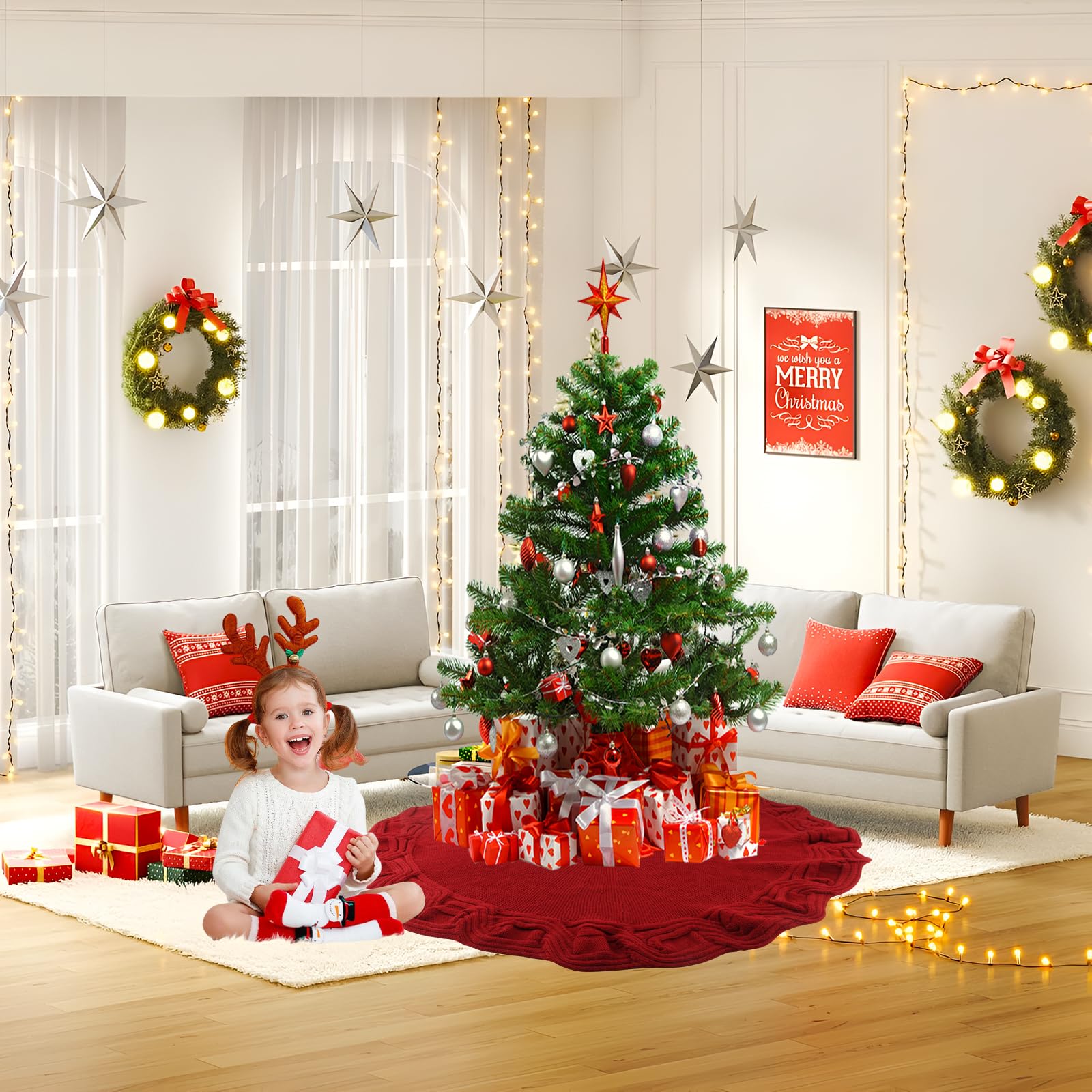 90 cm Jupe de Sapin de Noël Tricoté Rond Jupe d'arbre Sapin Noel pour Fournitures de Décoration Intérieure et Les Décorations de Fête Noël (Rouge)