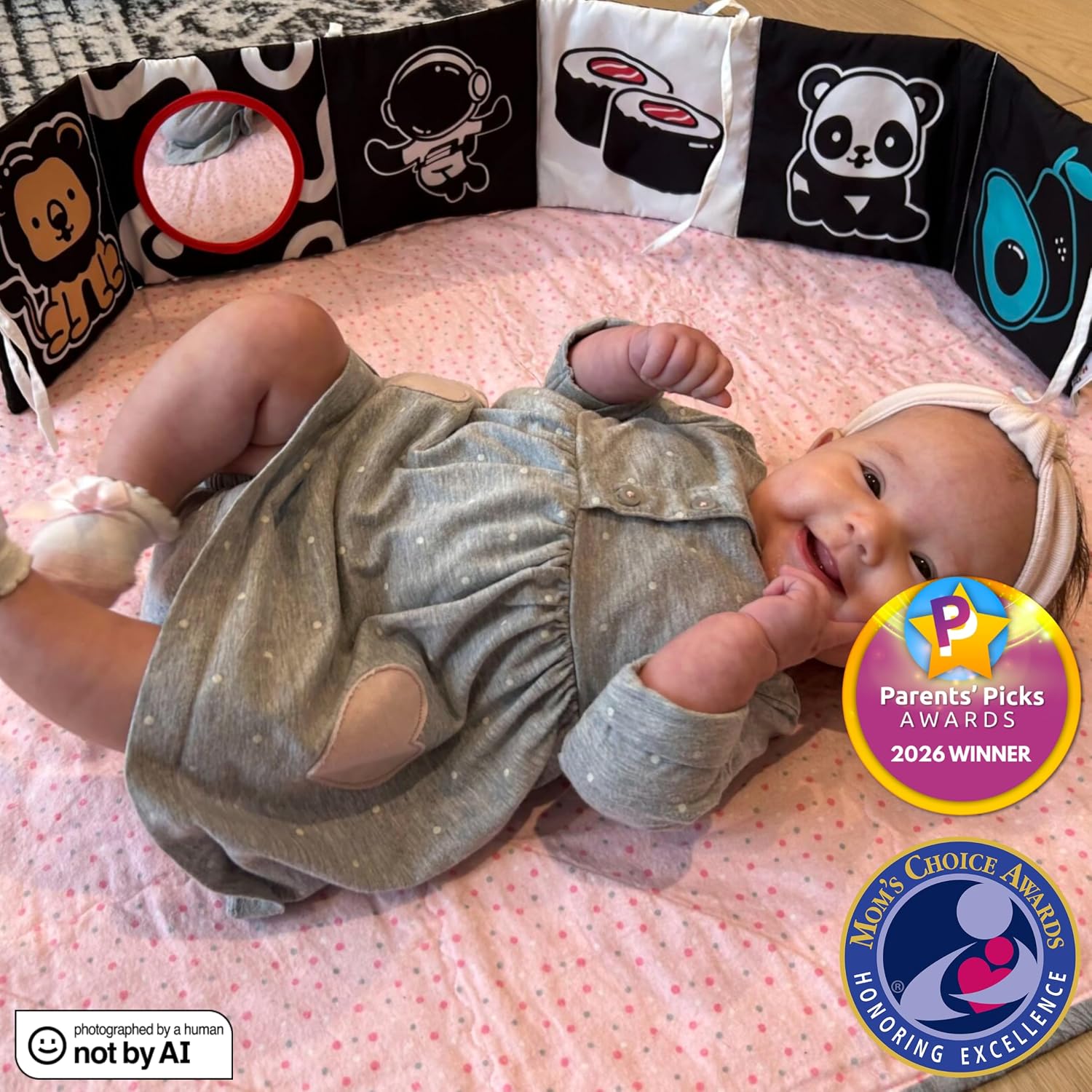 Happy Start Award-Winning High Contrast Soft Book - Newborn Sensory Toy | 11 images & mirror, high contrast, crinkle & squeaker, stands independently or hang in crib, visual development, 0-12 months