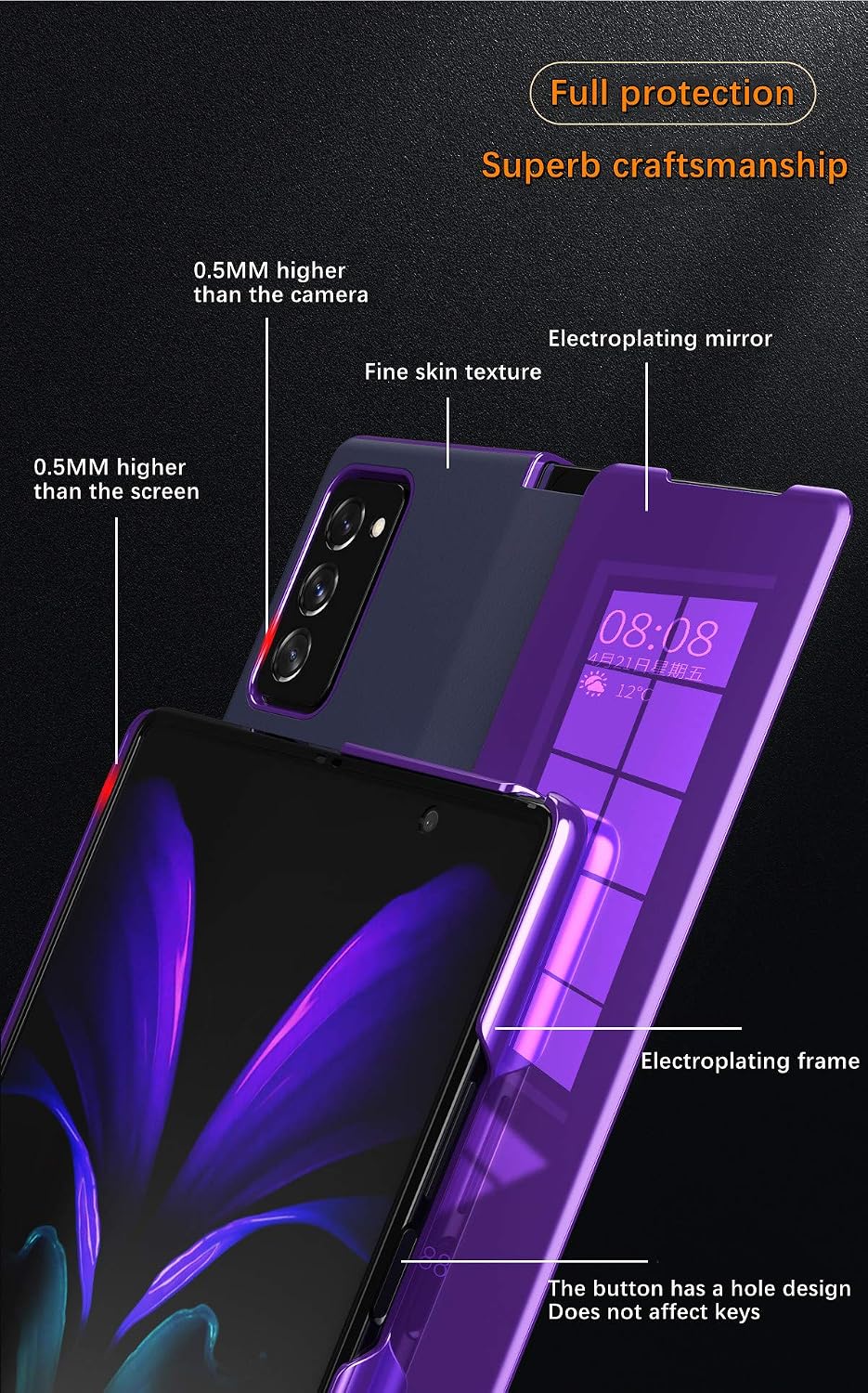FTRONGRT Case for Samsung Galaxy Z Fold 2,Mirrored flip smart translucent case with automatic switch for Samsung Galaxy Z Fold 2-Rose gold - Image 3