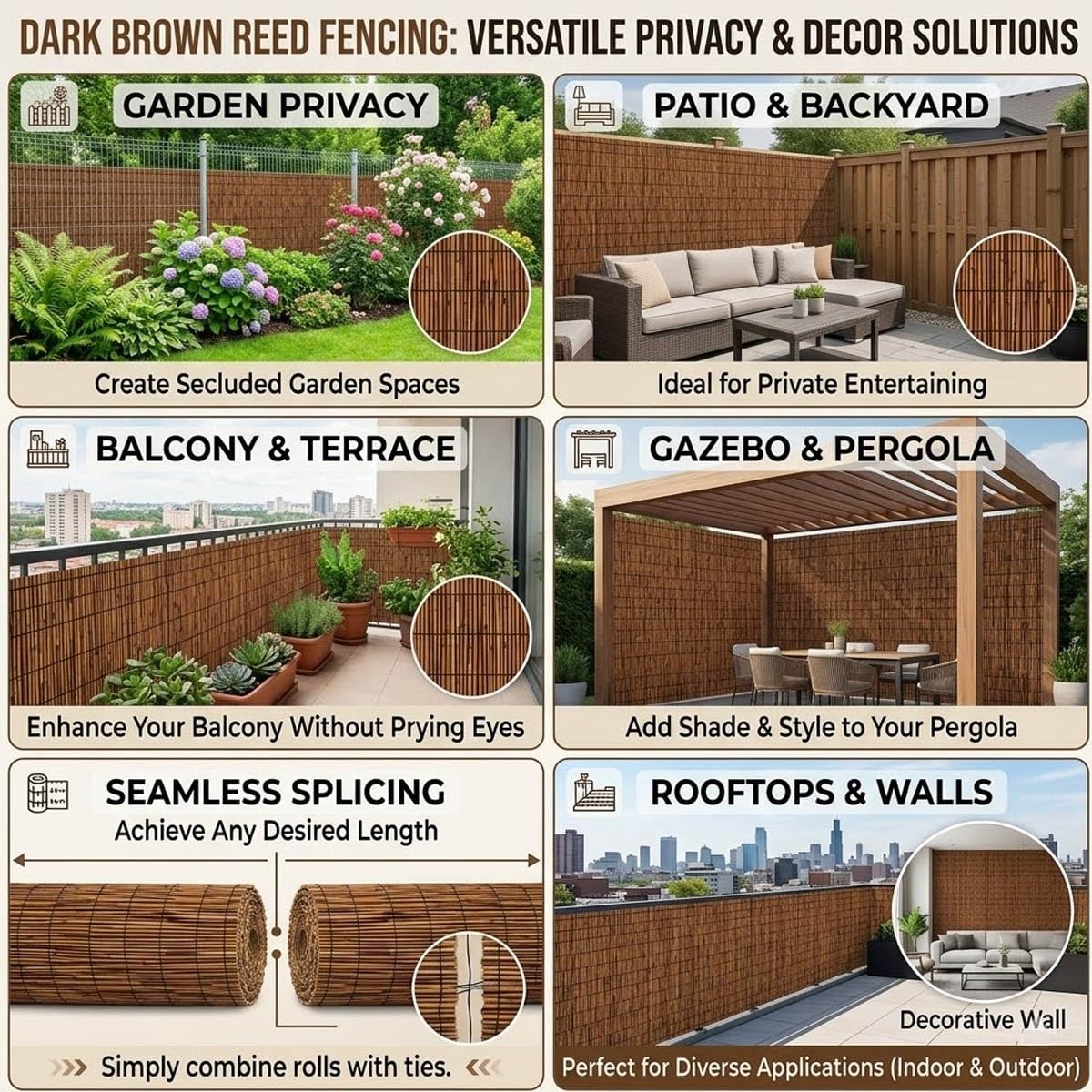 Arellas in Bambù Arrotolabile, Recinzione Frangivistas per Balcone e Giardino, Canniccio Ombreggiante per Privacy Esterno, Stuoia in Canna per Terrazza, Divisorio 30-200cm(Naturale,200x60cm)