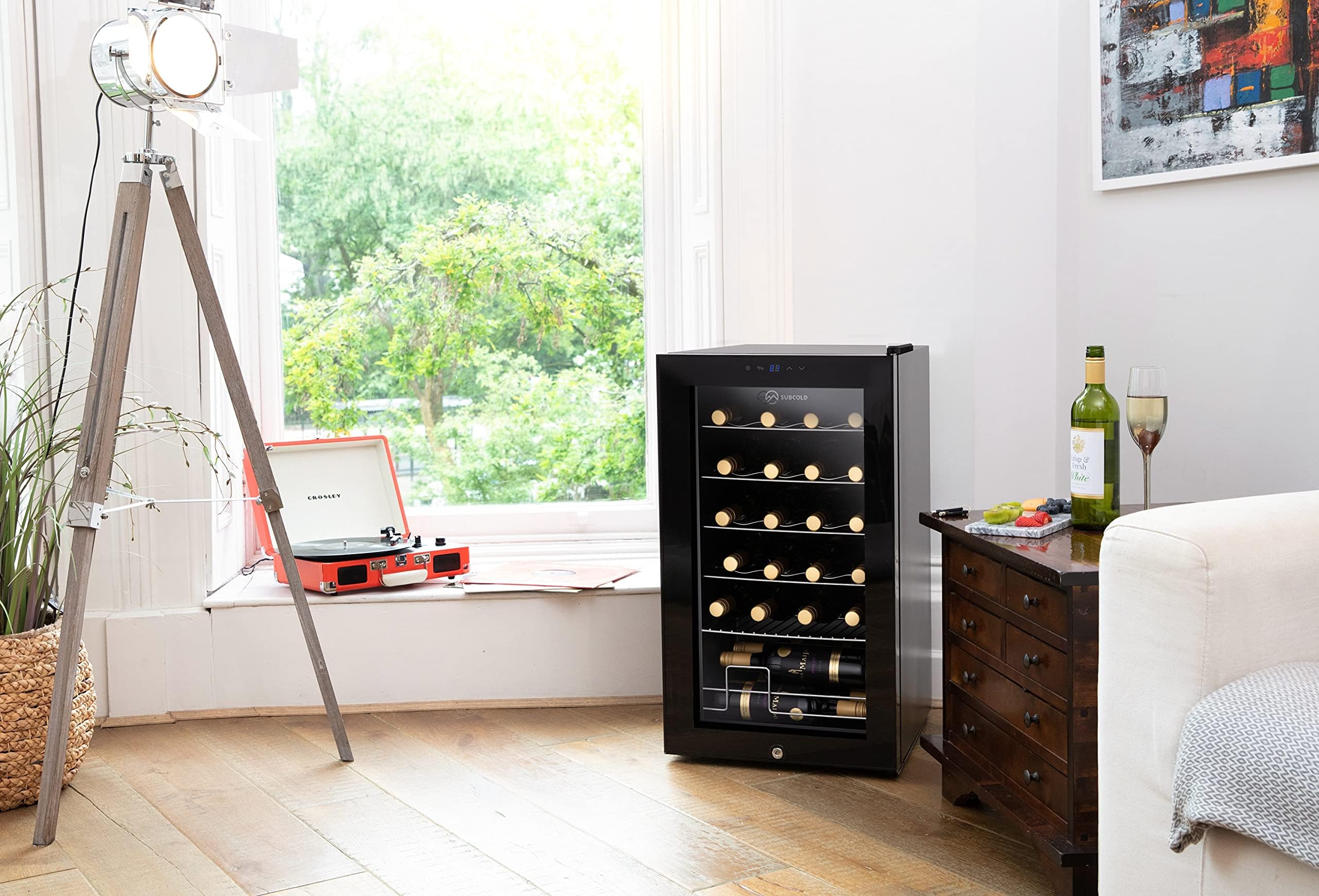 Subcold Viva24 LED – Under Counter Wine Fridge Black | 3-18°C | Wine Cooler | LED + Lock & Key | Glass Door Drinks Cellar | Single-Zone (24 Bottle)