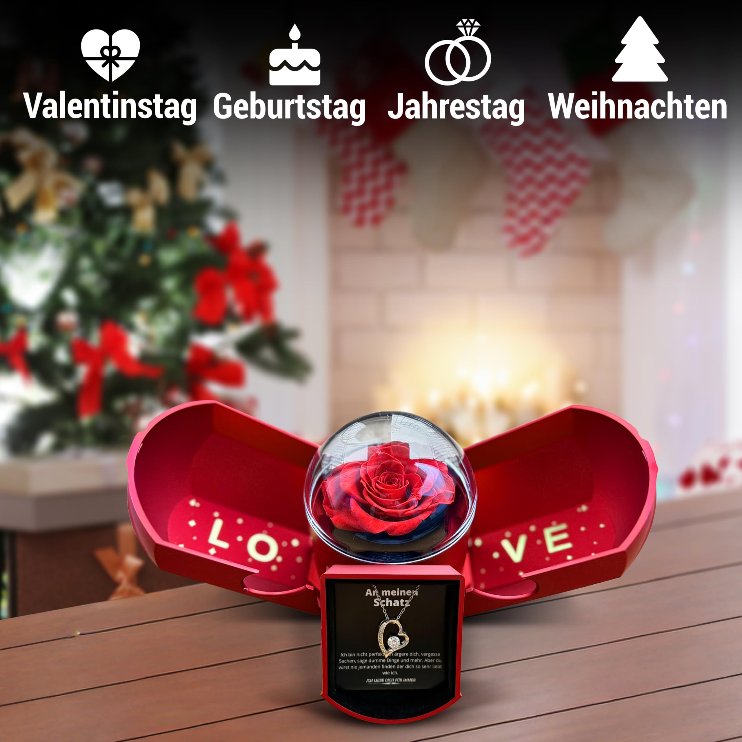 Jahrestag Geschenk für Sie - Freundin Geschenk, Echte Ewige Rose, Weihnachtsgeschenke für Sie, Ich Liebe Dich Geschenke für Frauen, Lieblingsmensch, Herz Kette für Valentinstag, Geburtstag